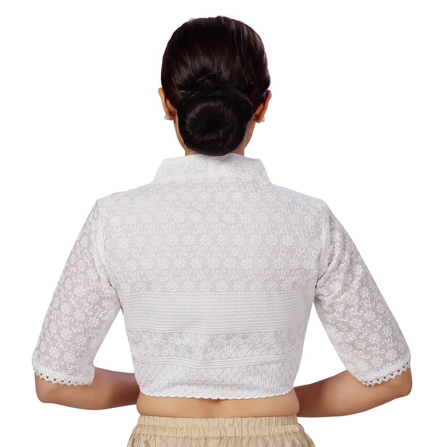 Women's Cotton Elbow Length Sleeves Chikankari Saree Blouse with Glass Neck (2582 - White)