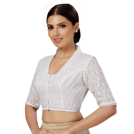 Women's Cotton Elbow Length Sleeves Chikankari Saree Blouse with Glass Neck (2582 - White)