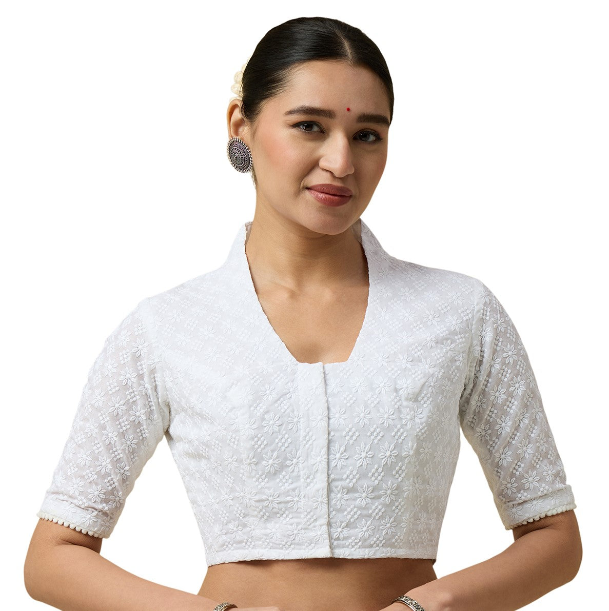 Women's White Chikankari Cotton Blouse (Design 2583)