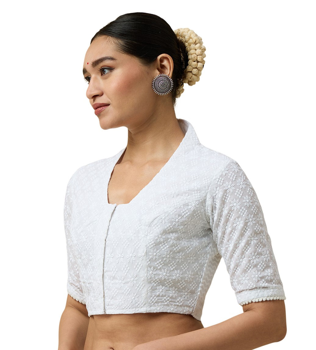Women's White Chikankari Cotton Blouse (Design 2583)