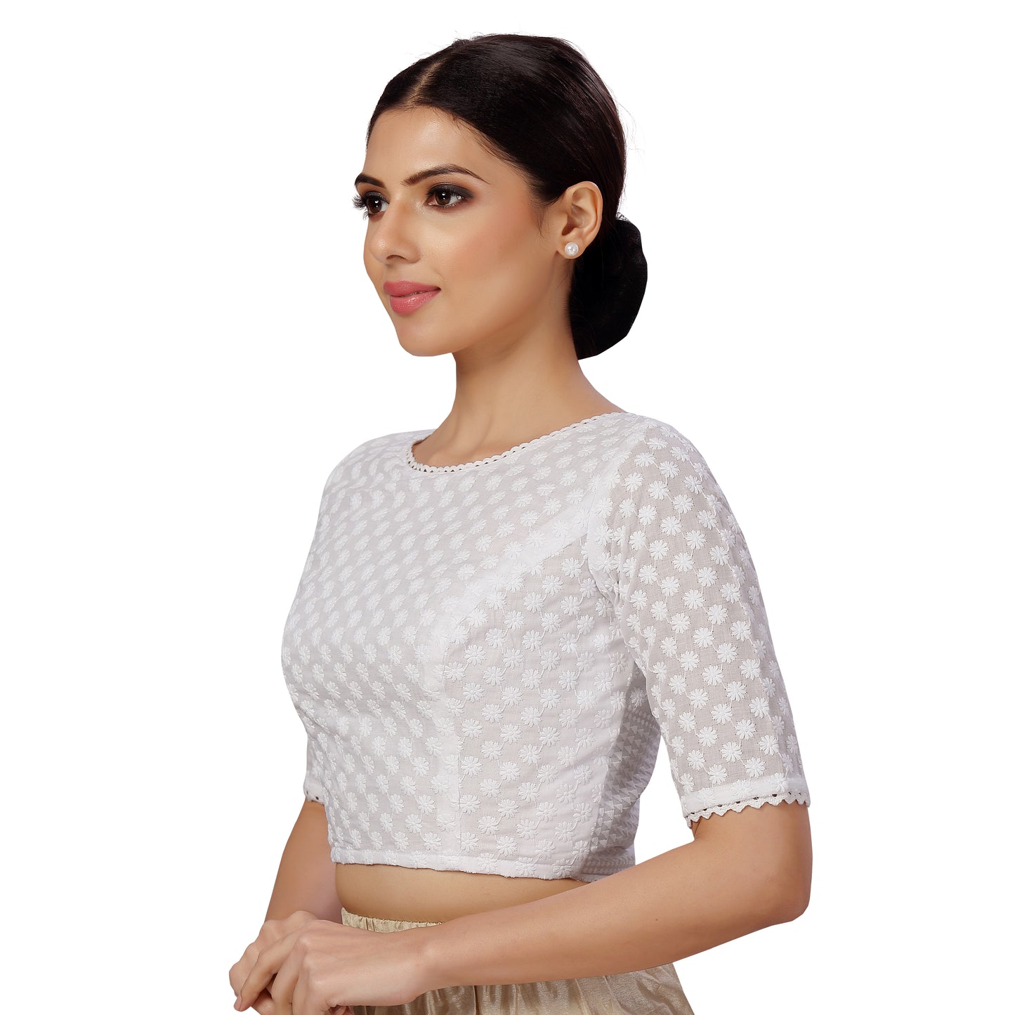 Women's Elegant Cotton Elbow Length Sleeves Chikankari Saree Blouse (2584 - White)