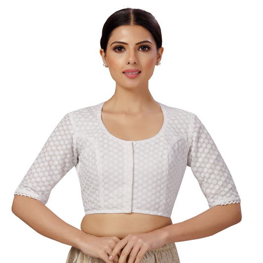 Women's Cotton Elbow Length Sleeves Matka Neck Chikankari Saree Blouse (2588 - White)