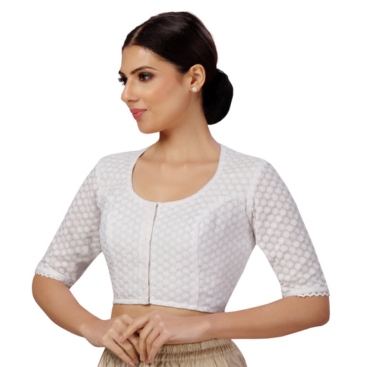 Women's Cotton Elbow Length Sleeves Matka Neck Chikankari Saree Blouse (2588 - White)