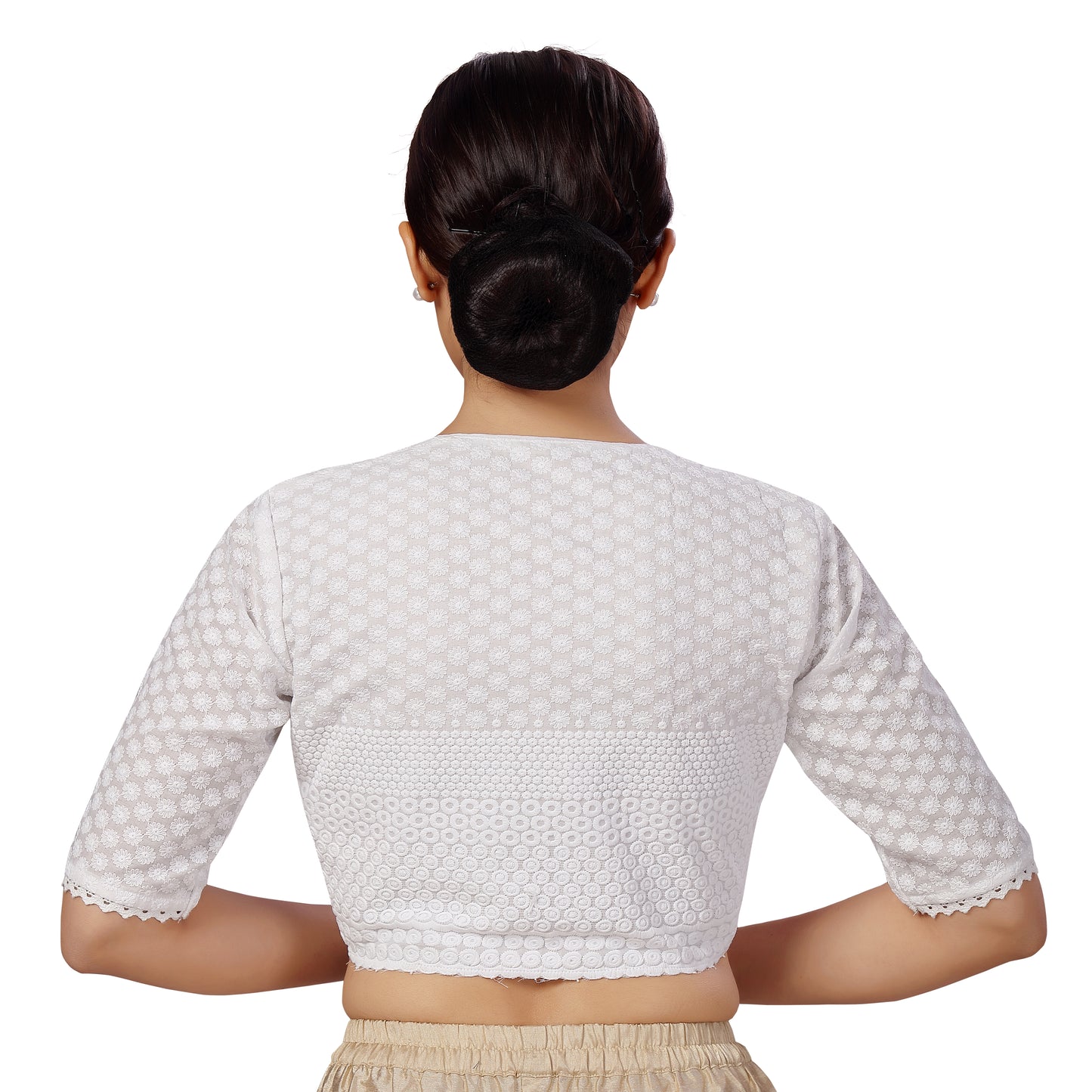 Women's Cotton Elbow Length Sleeves Matka Neck Chikankari Saree Blouse (2588 - White)
