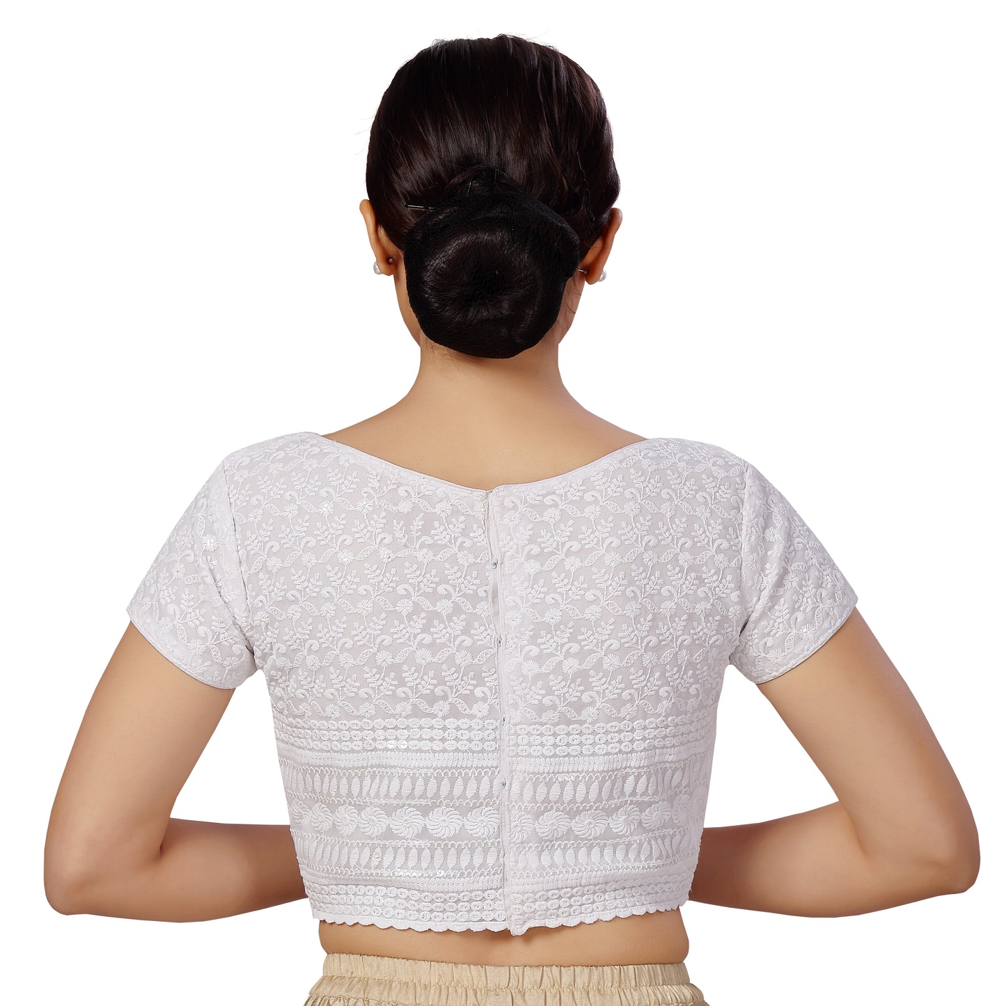 Women's Polyester Cap Sleeves Georgette Chikankari Saree Blouse (2589 - White)