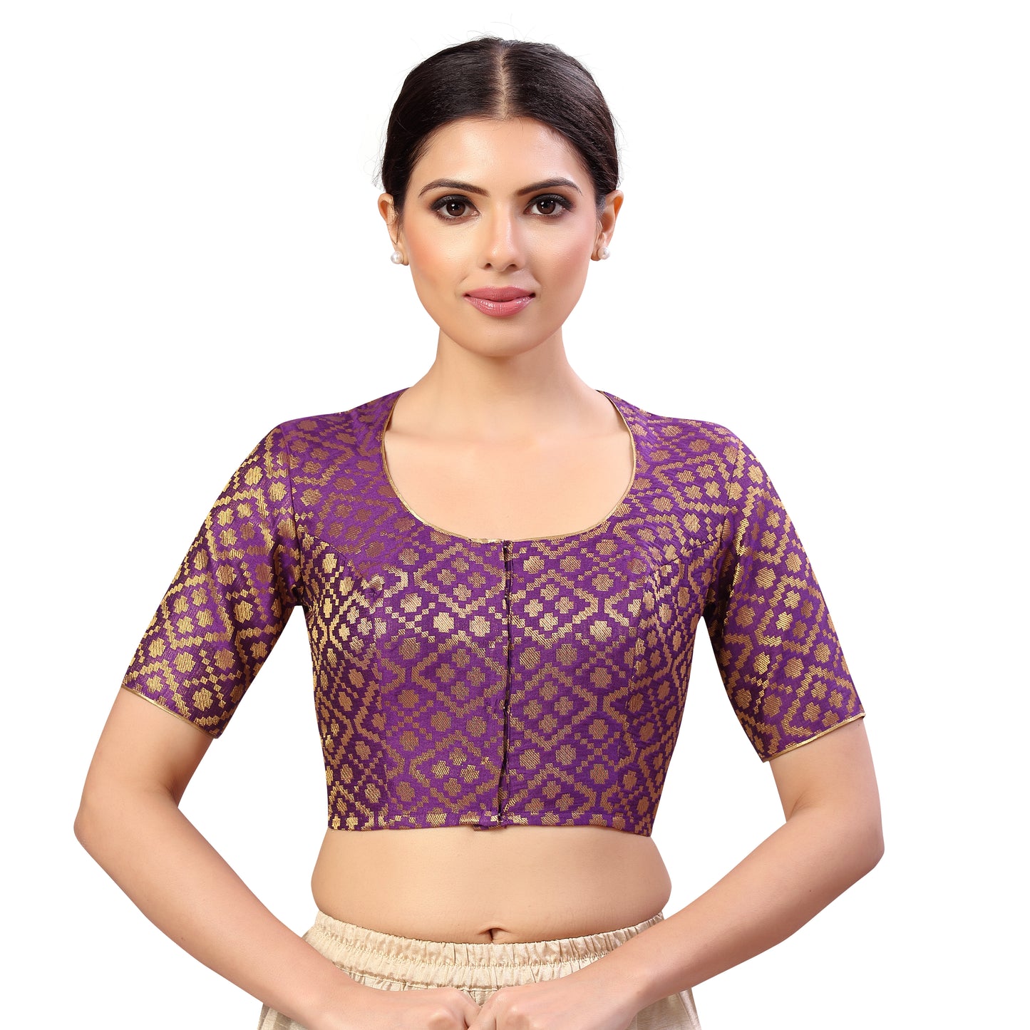 Women's Polester Short Sleeves Banaras Brocade Saree Blouse (2592 - Purple)