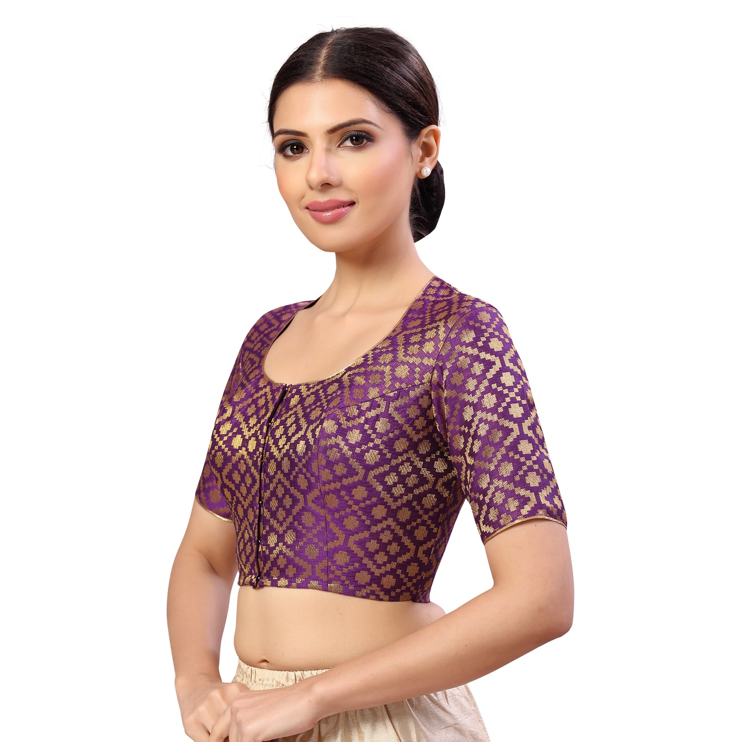 Women's Polester Short Sleeves Banaras Brocade Saree Blouse (2592 - Purple)