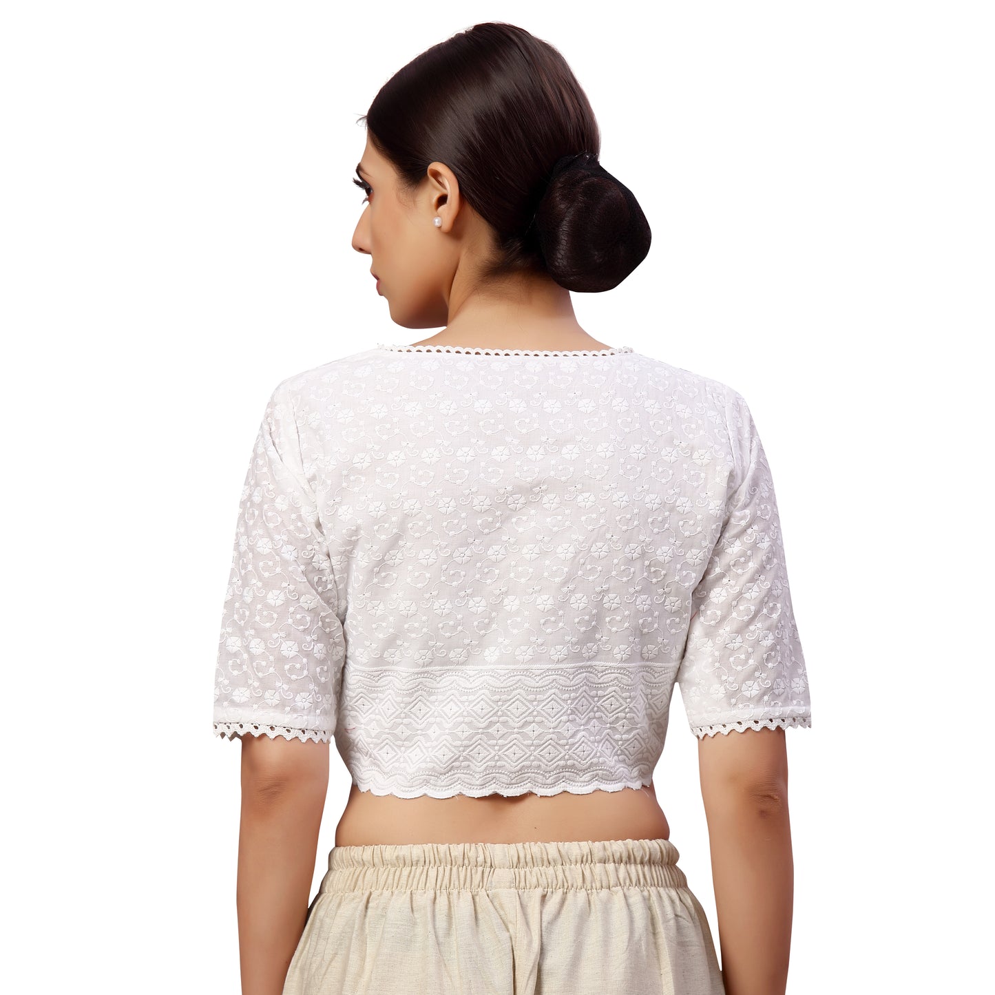 Women's White Chikankari Cotton Blouse with Wooden Buttons (Design 2610)