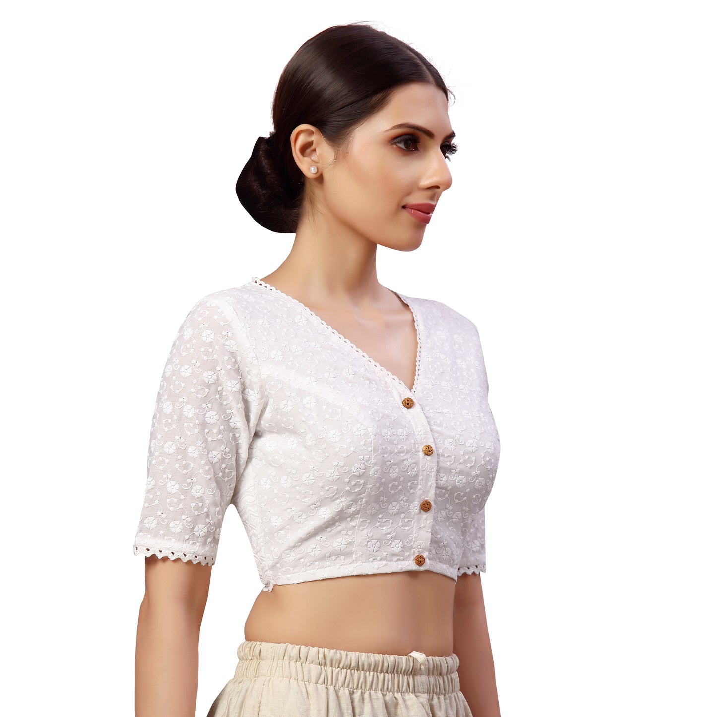 Women's White Chikankari Cotton Blouse with Wooden Buttons (Design 2610)