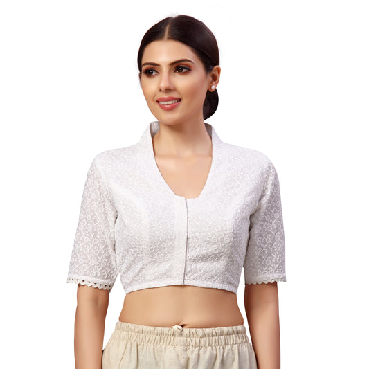 Women's White Chikankari Cotton Polyester Blouse (Design 2611)