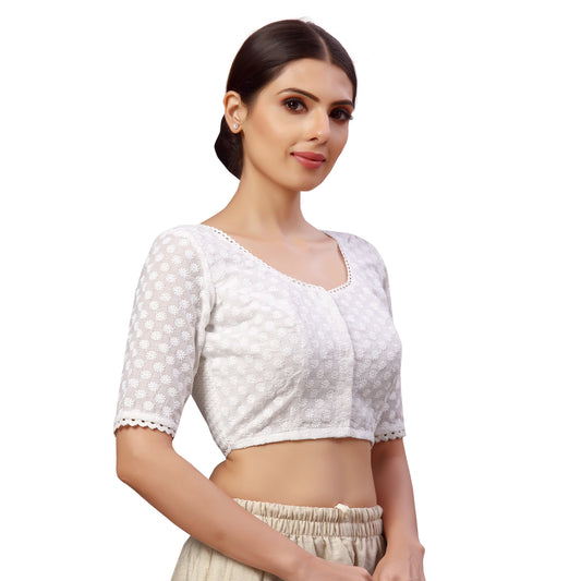 Women's Cotton Chikankari Saree Blouse (2612 - White)