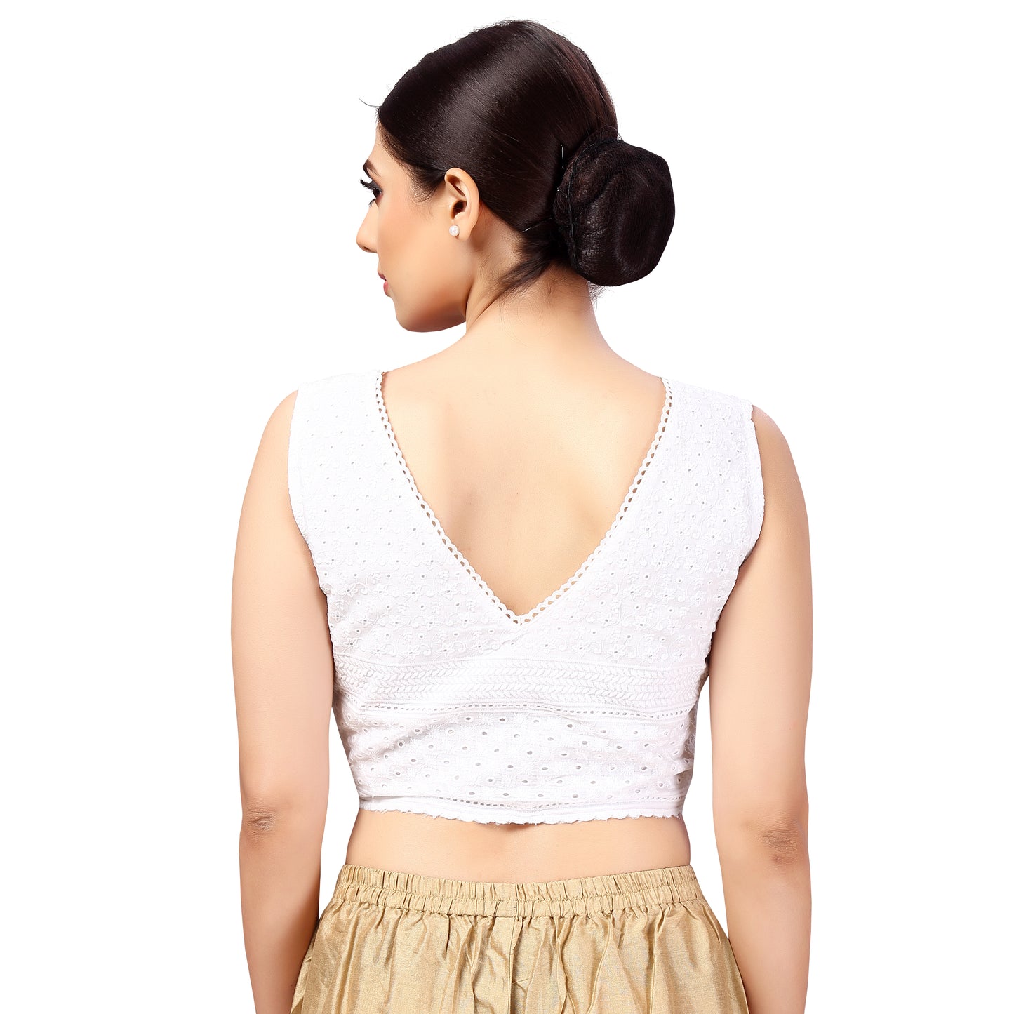 Women's Cotton Sleeveless Chikankari Padded Saree Blouse (2616 - White)