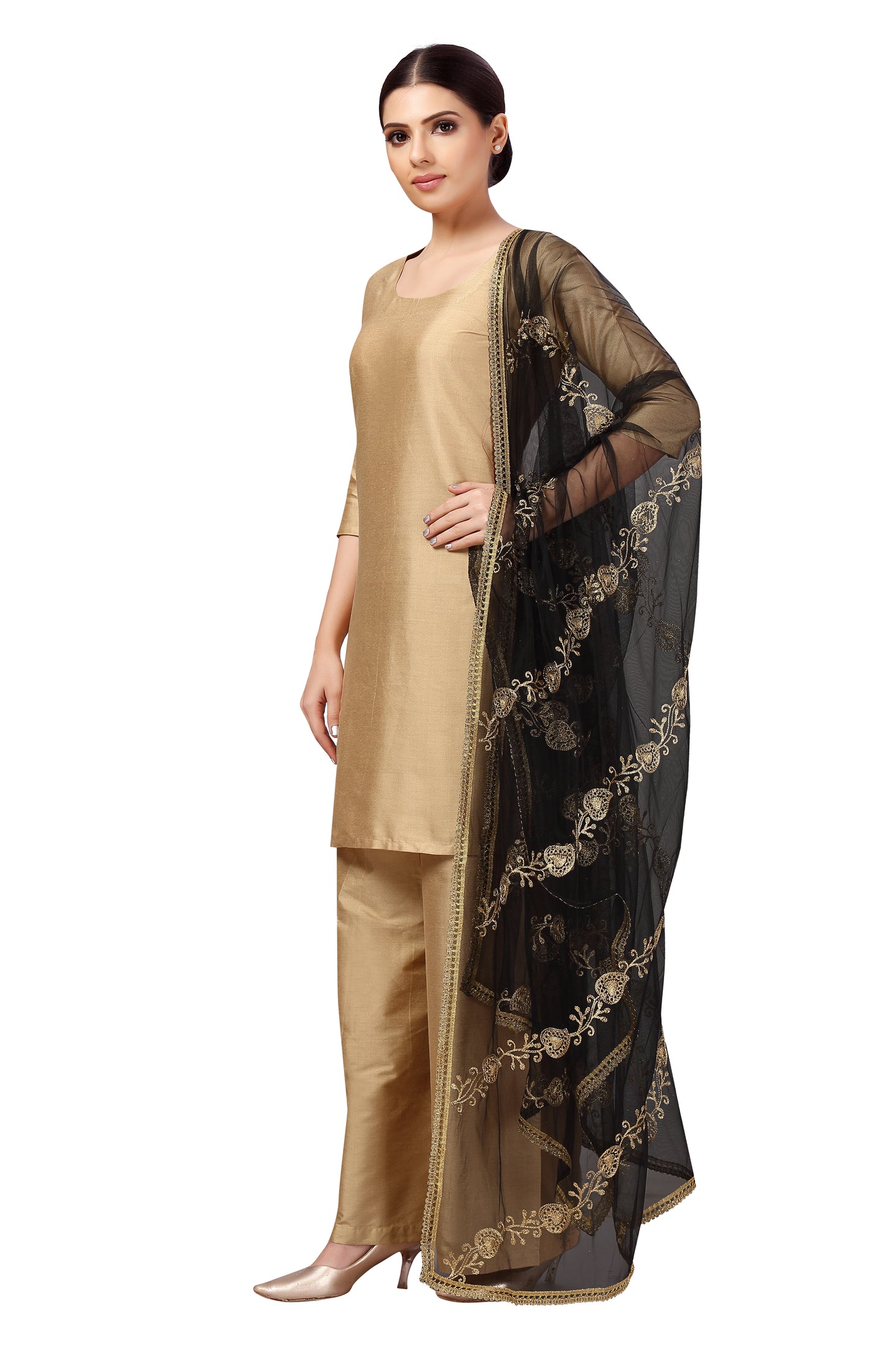 Women's Net Embroidered Full Size Dupatta (42" X 2.45 Meters) (2619 - Black)