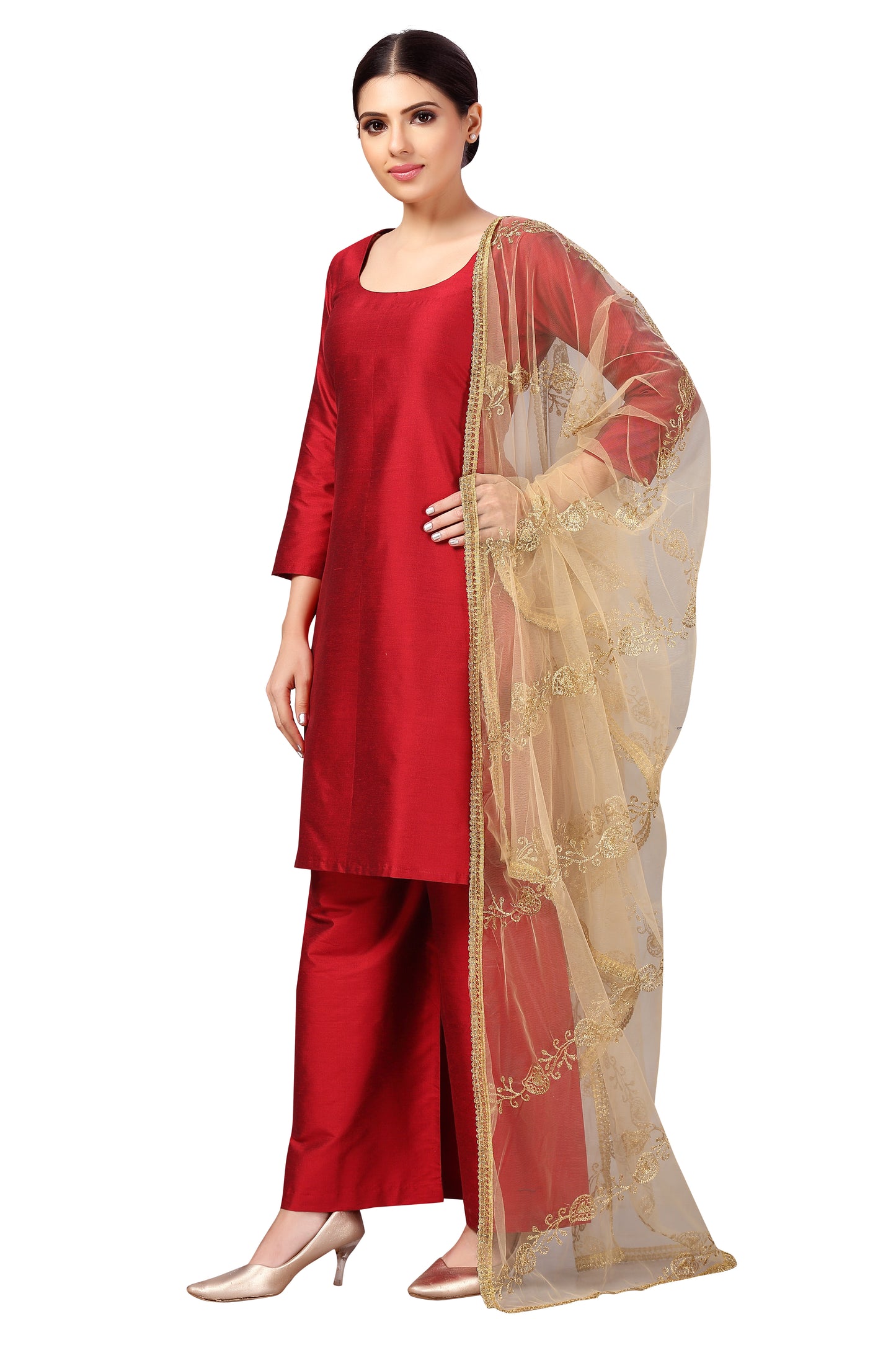 Women's Net Embroidered Full Size Dupatta (42" X 2.45 Meters) (2619 - Gold)