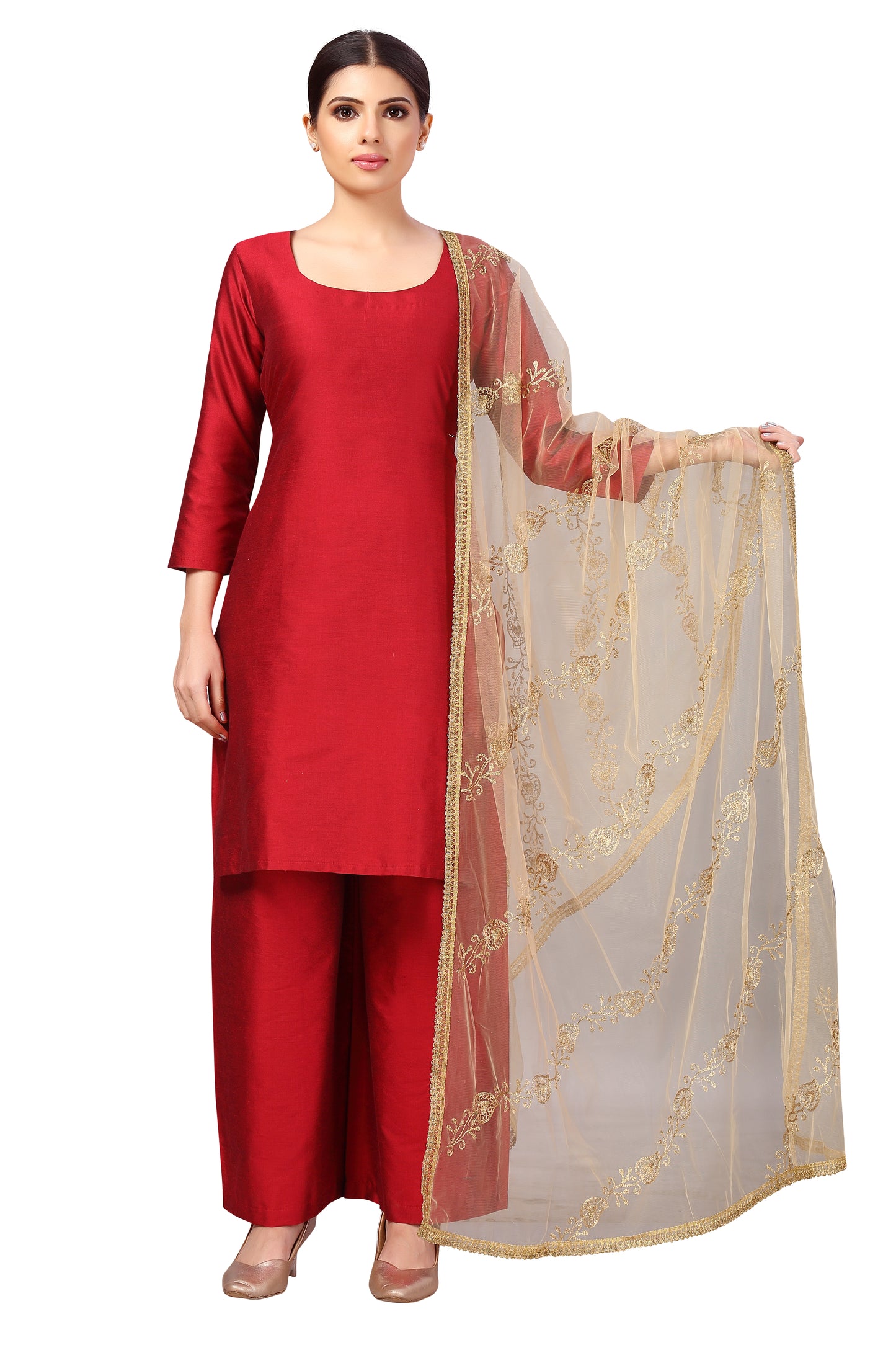 Women's Net Embroidered Full Size Dupatta (42" X 2.45 Meters) (2619 - Gold)