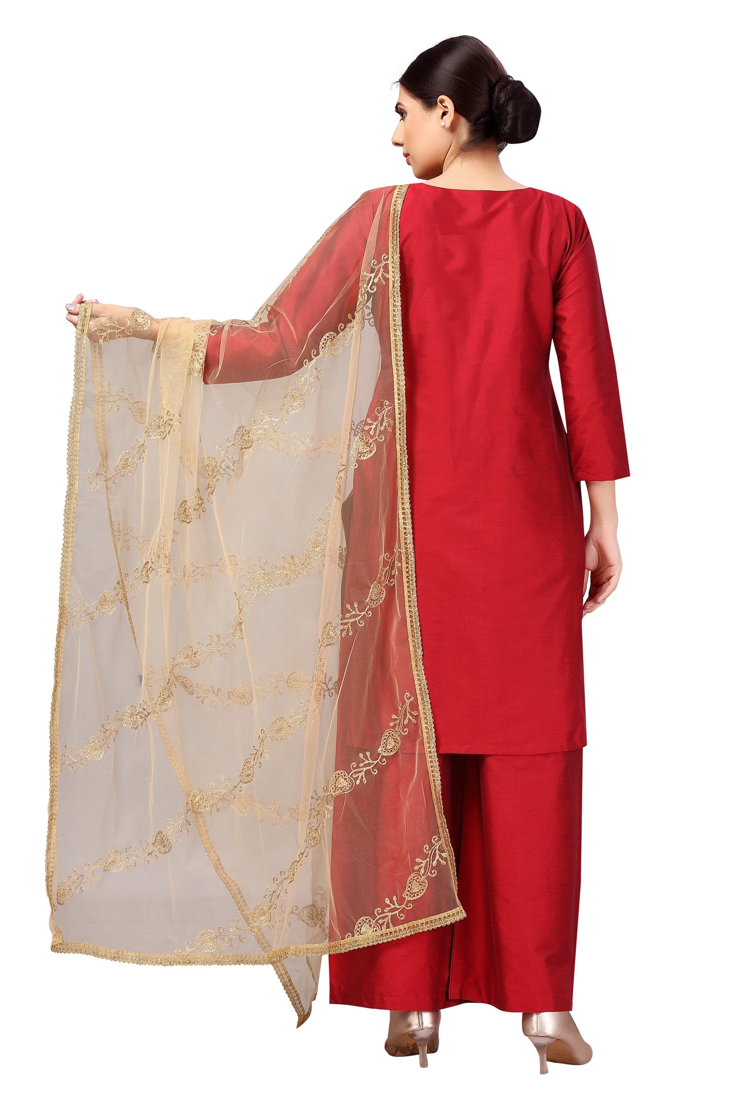 Women's Net Embroidered Full Size Dupatta (42" X 2.45 Meters) (2619 - Gold)
