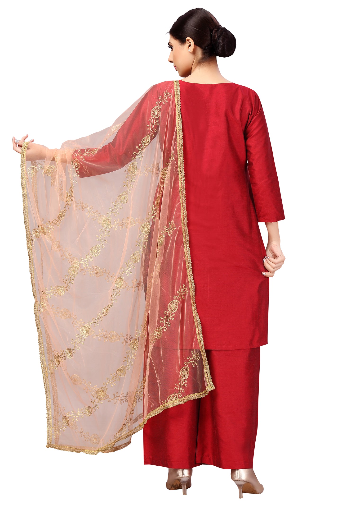 Women's Net Embroidered Full Size Dupatta (42" X 2.45 Meters) (2619 - Gold)