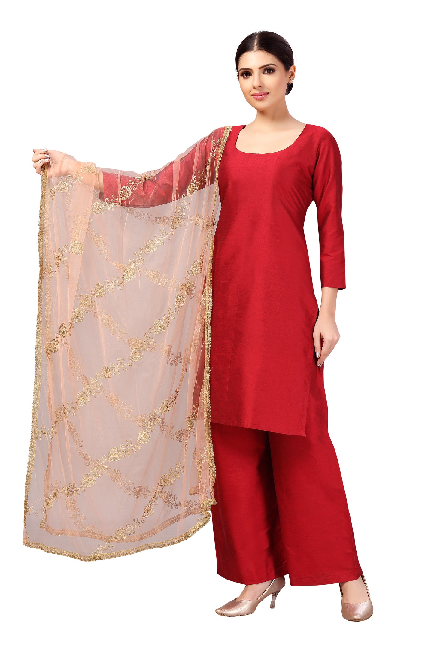 Women's Net Embroidered Full Size Dupatta (42" X 2.45 Meters) (2619 - Peach)