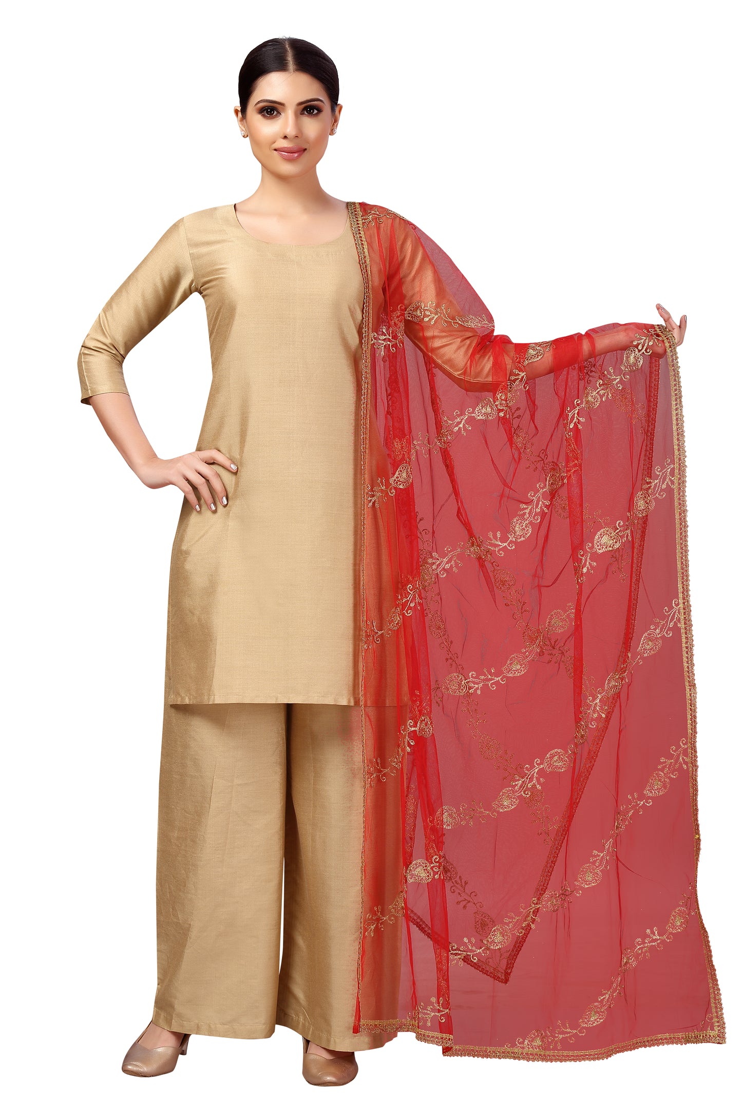 Women's Net Embroidered Full Size Dupatta (42" X 2.45 Meters) (2619 - Red)