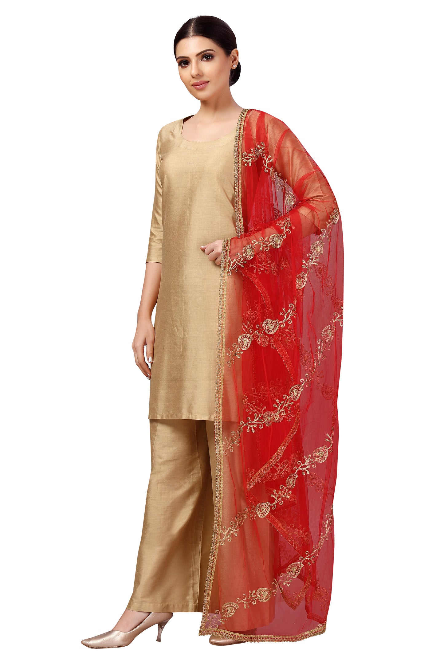 Women's Net Embroidered Full Size Dupatta (42" X 2.45 Meters) (2619 - Red)