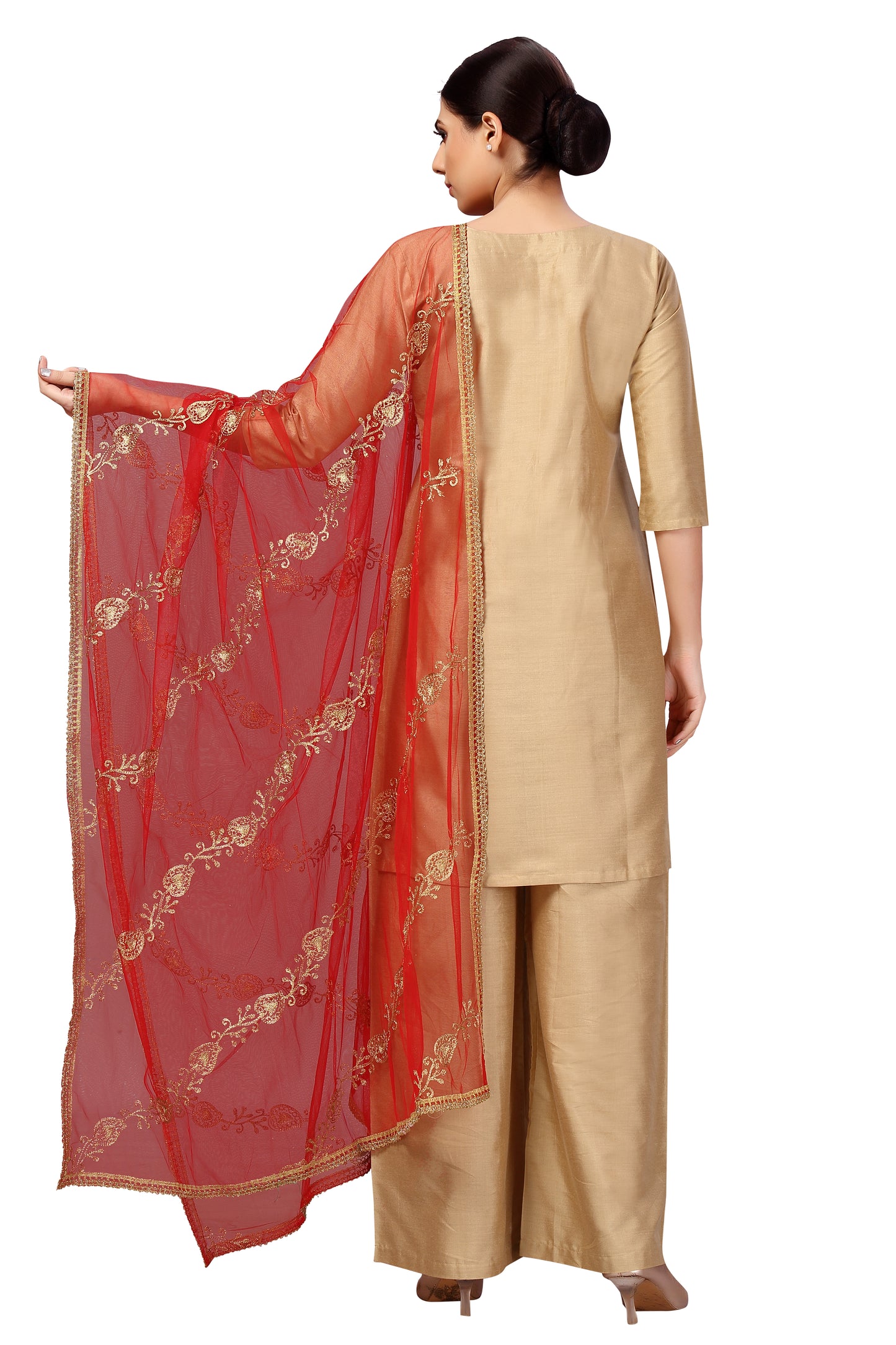 Women's Net Embroidered Full Size Dupatta (42" X 2.45 Meters) (2619 - Red)