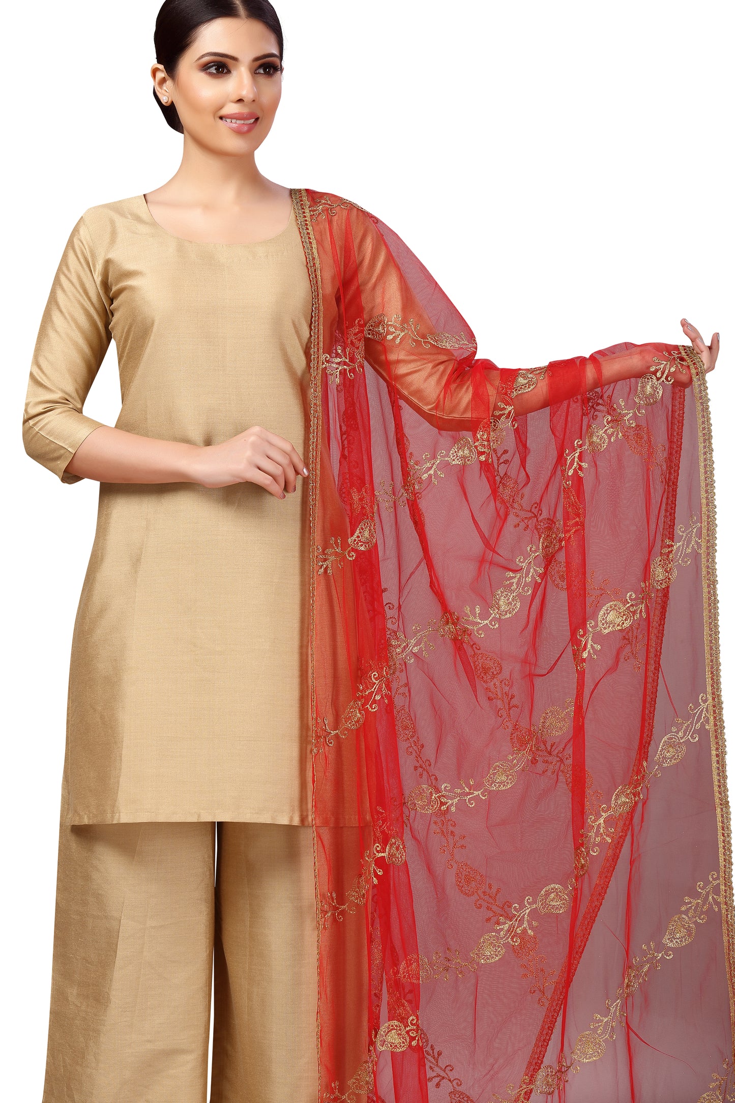 Women's Net Embroidered Full Size Dupatta (42" X 2.45 Meters) (2619 - Red)