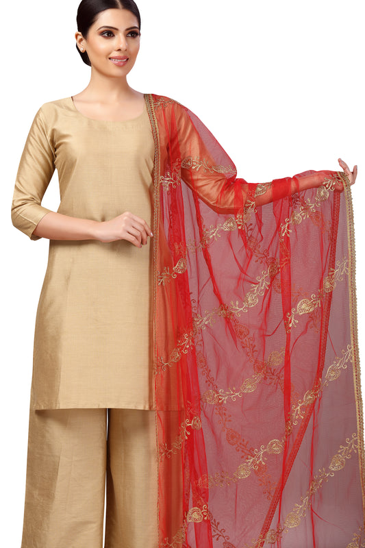 Women's Net Embroidered Full Size Dupatta (42" X 2.45 Meters) (2619 - Red)