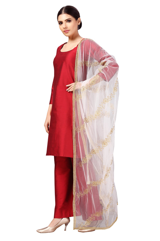 Women's Net Embroidered Full Size Dupatta (42" X 2.45 Meters) (2619 - White)