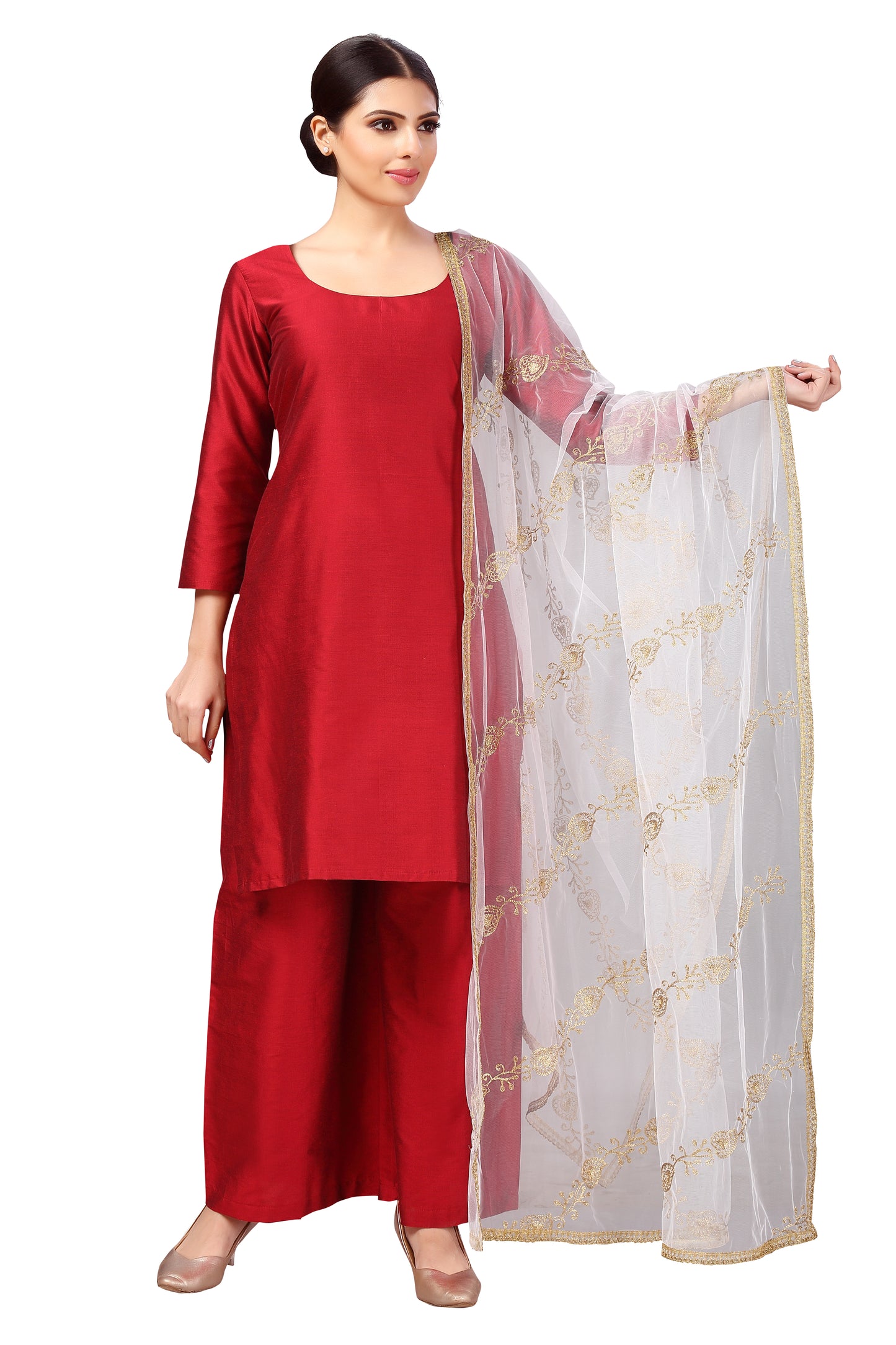 Women's Net Embroidered Full Size Dupatta (42" X 2.45 Meters) (2619 - White)