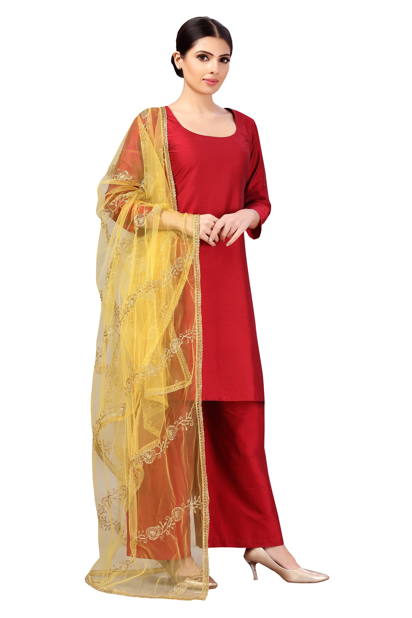 Women's Net Embroidered Full Size Dupatta (42" X 2.45 Meters) (2619 - Yellow)