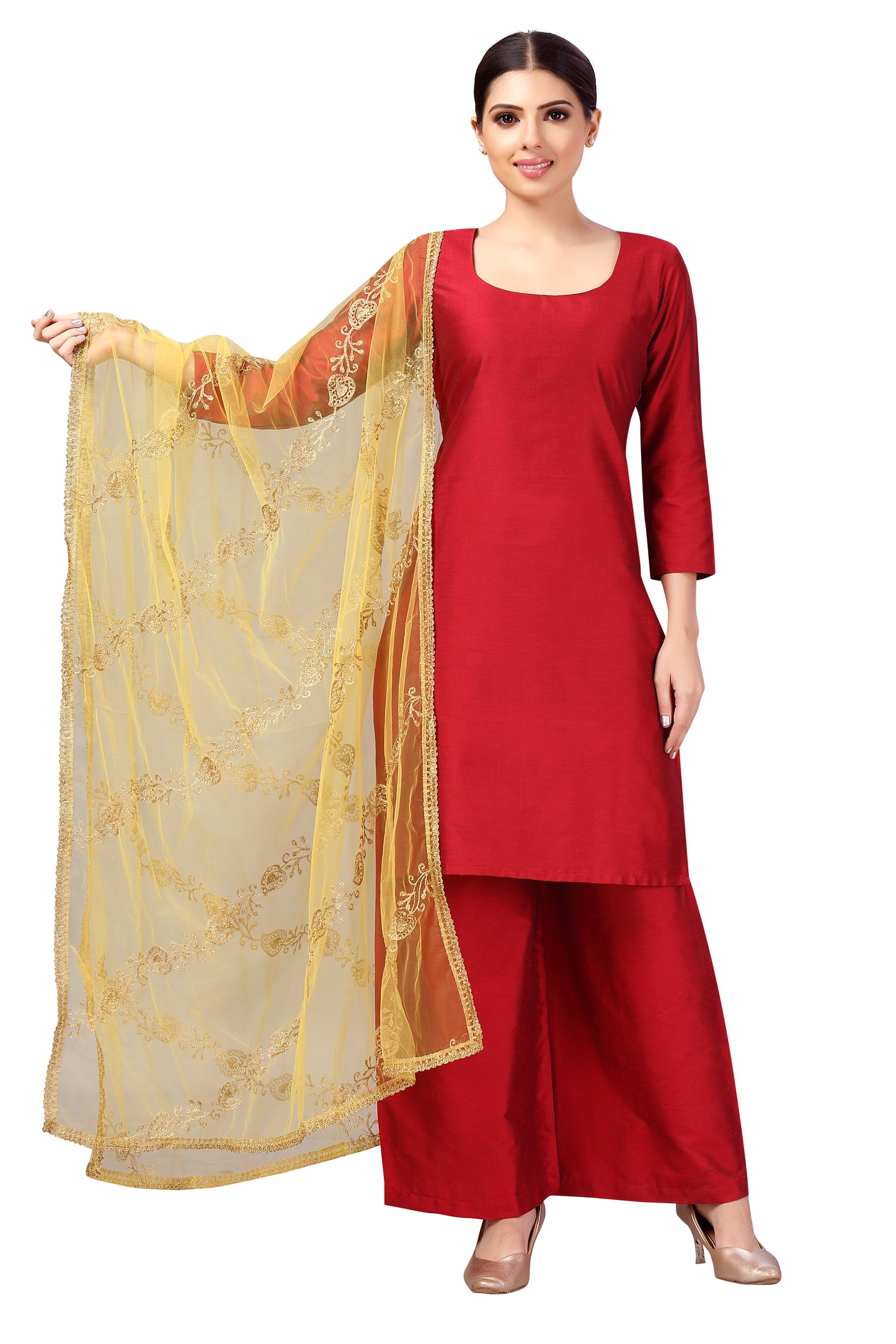 Women's Net Embroidered Full Size Dupatta (42" X 2.45 Meters) (2619 - Yellow)