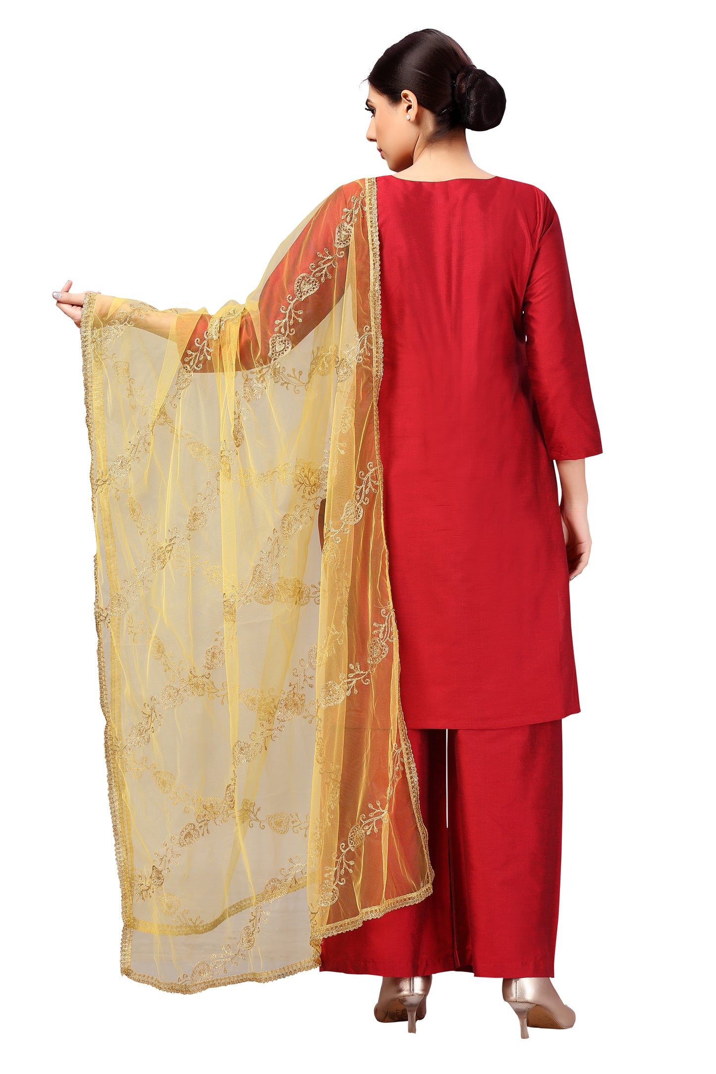 Women's Net Embroidered Full Size Dupatta (42" X 2.45 Meters) (2619 - Yellow)