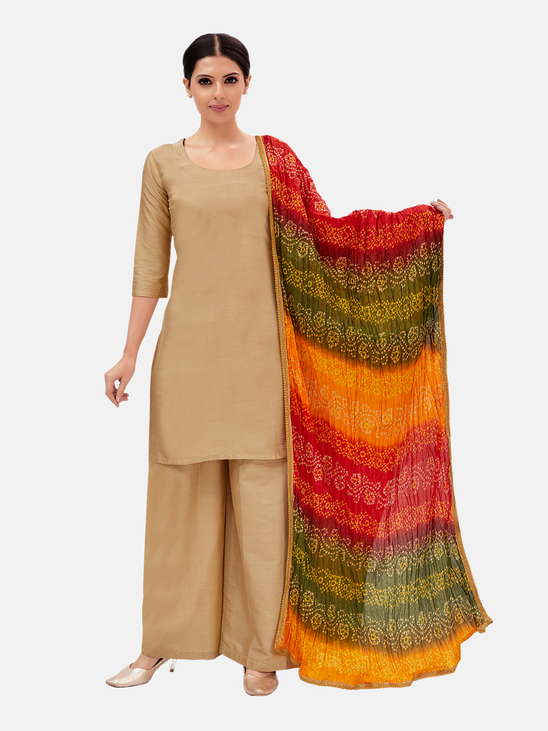 Women's Vegan Silk Multi Coloured Bandhni Dupatta (42" X 2.5 Meters) (2620 - Mehendi)