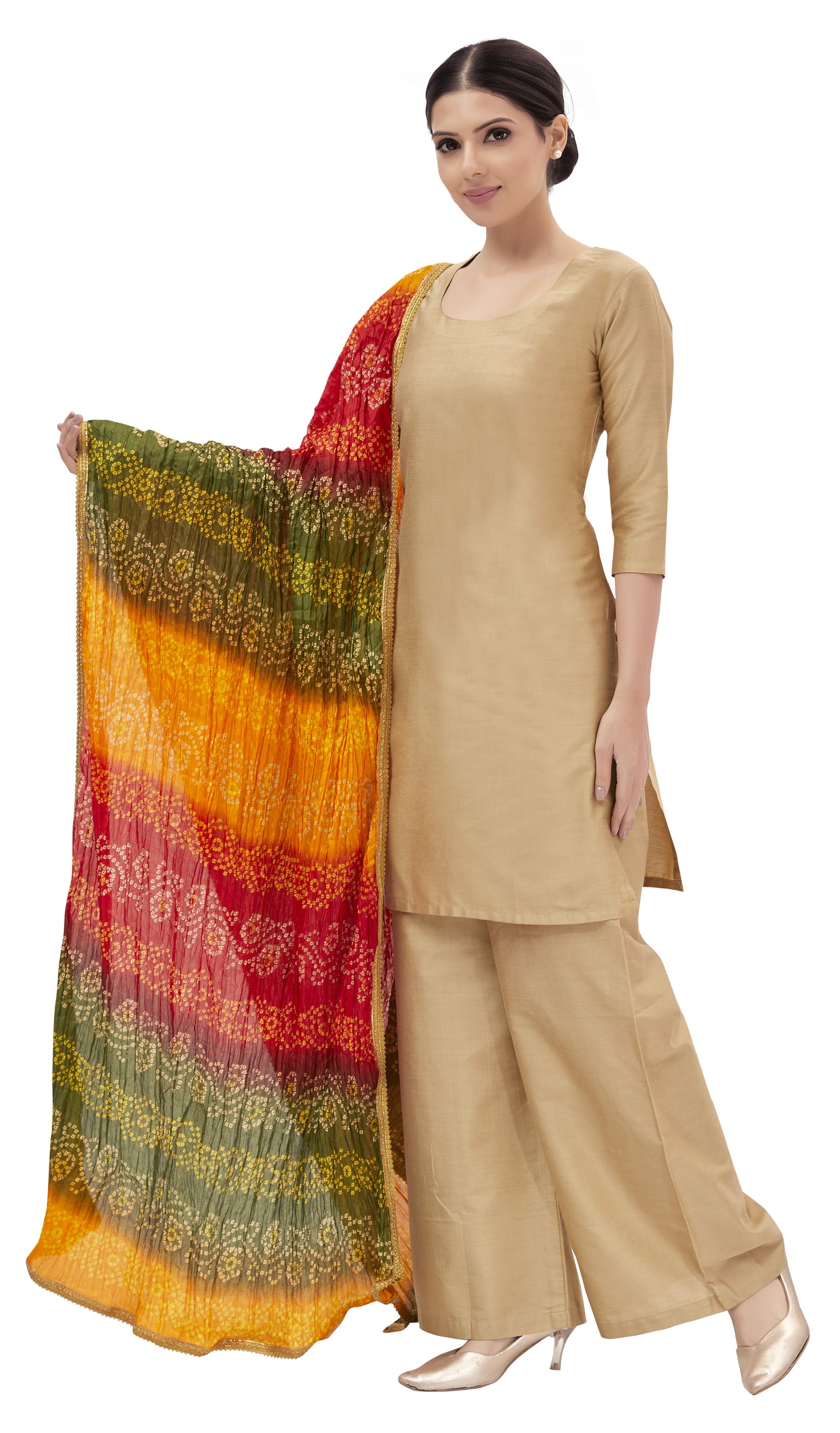 Women's Vegan Silk Multi Coloured Bandhni Dupatta (42" X 2.5 Meters) (2620 - Mehendi)
