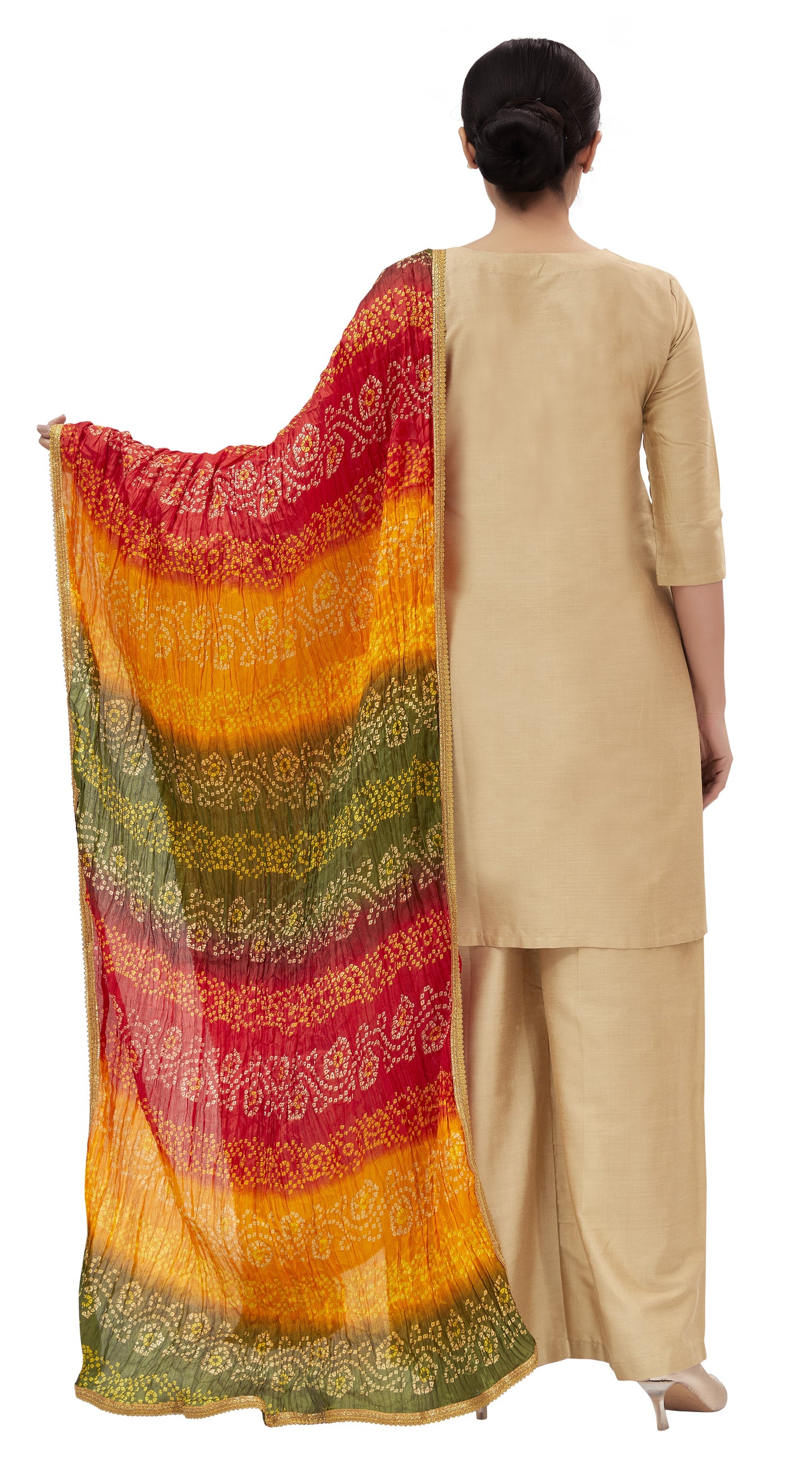 Women's Vegan Silk Multi Coloured Bandhni Dupatta (42" X 2.5 Meters) (2620 - Mehendi)