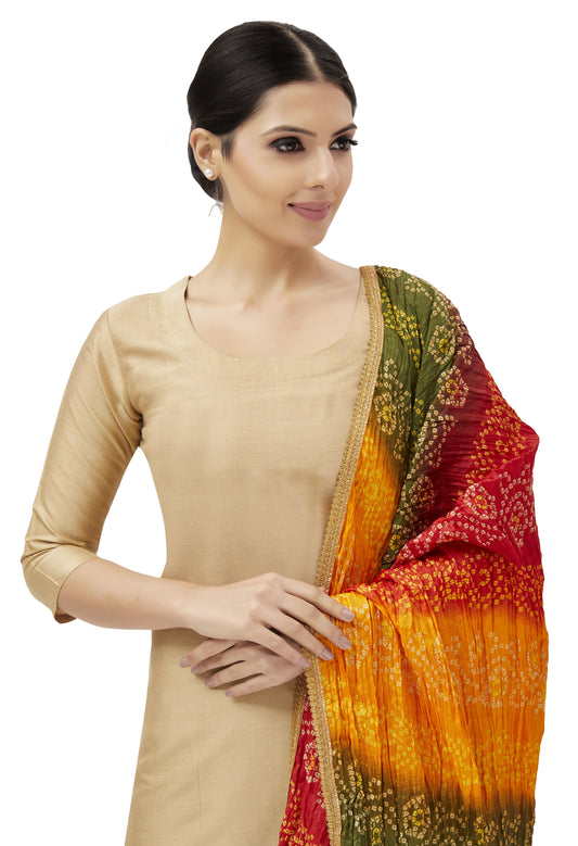 Women's Vegan Silk Multi Coloured Bandhni Dupatta (42" X 2.5 Meters) (2620 - Mehendi)