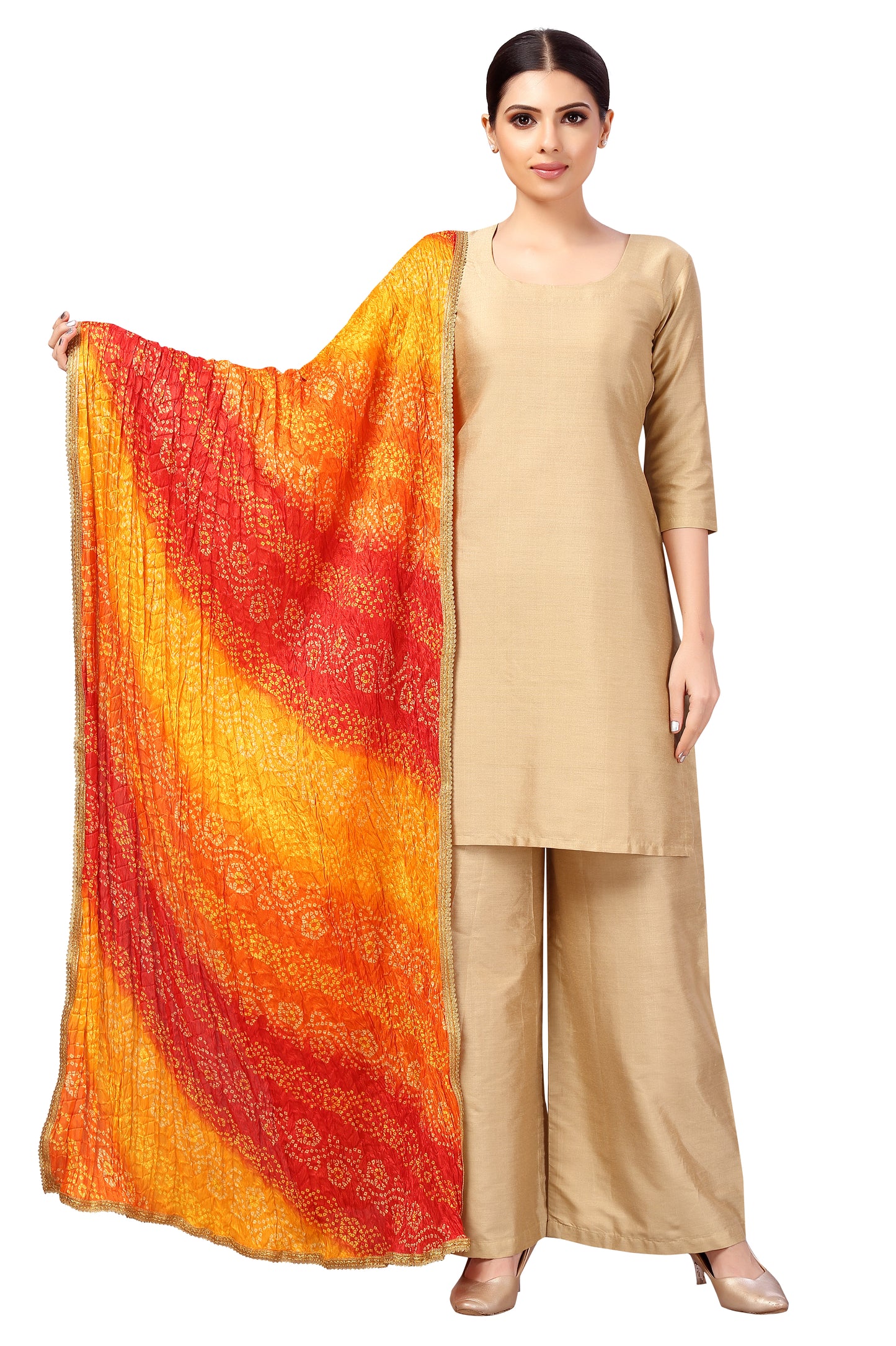 Women's Vegan Silk Multi Coloured Bandhni Dupatta (42" X 2.5 Meters) (2620 - Orange)