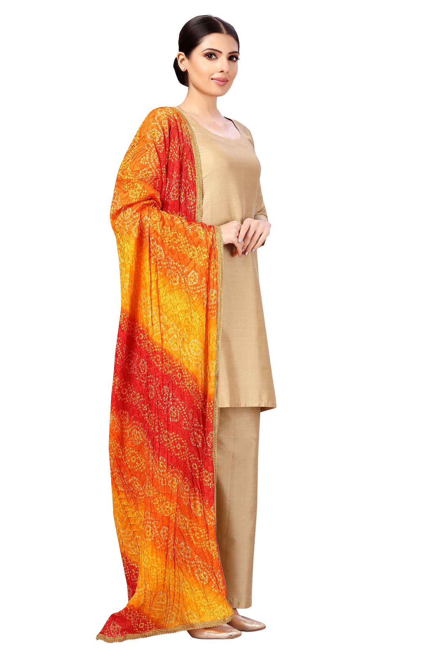 Women's Vegan Silk Multi Coloured Bandhni Dupatta (42" X 2.5 Meters) (2620 - Orange)