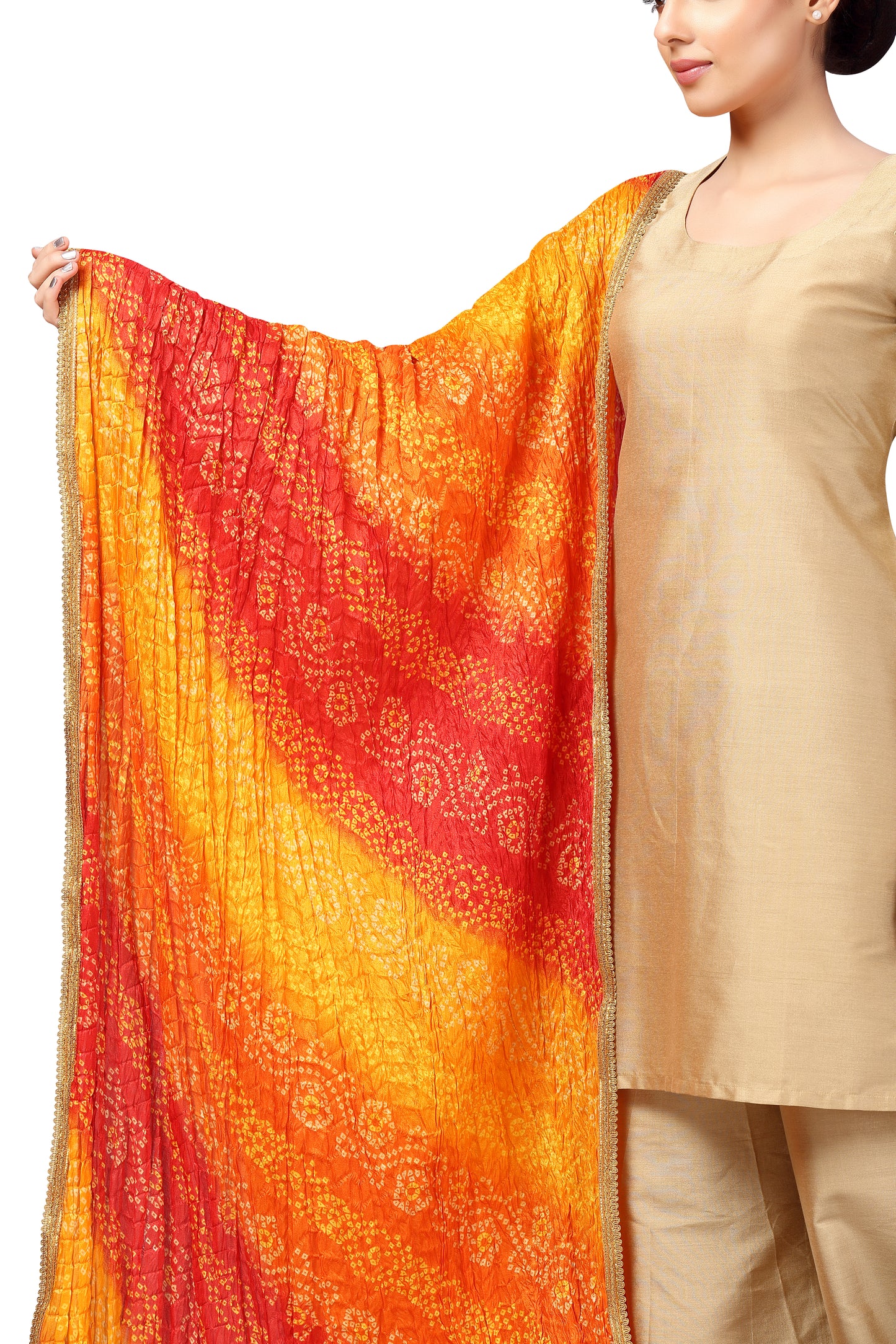 Women's Vegan Silk Multi Coloured Bandhni Dupatta (42" X 2.5 Meters) (2620 - Orange)