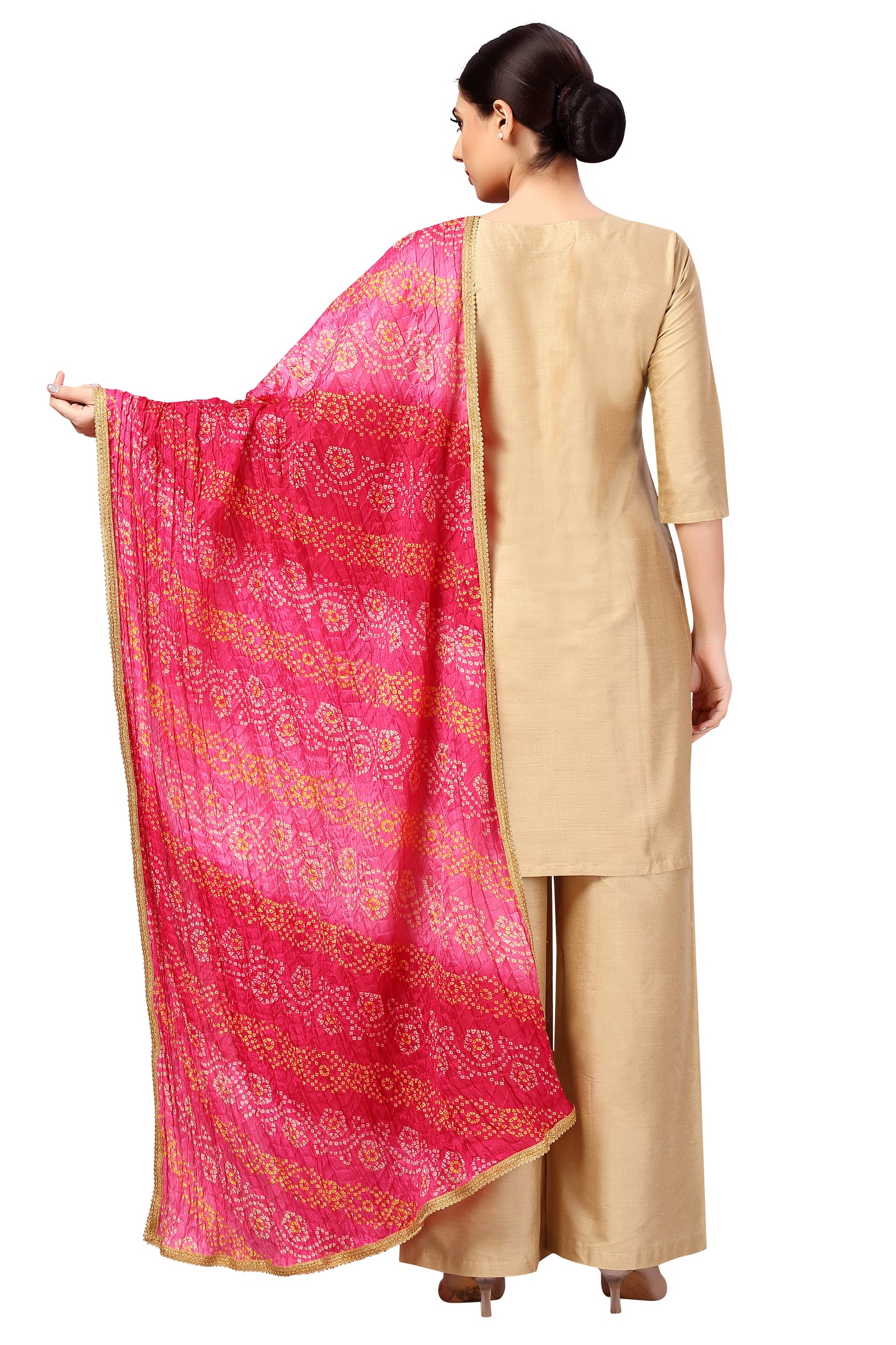 Women's Vegan Silk Multi Coloured Bandhni Dupatta (42" X 2.5 Meters) (2620 - Pink)