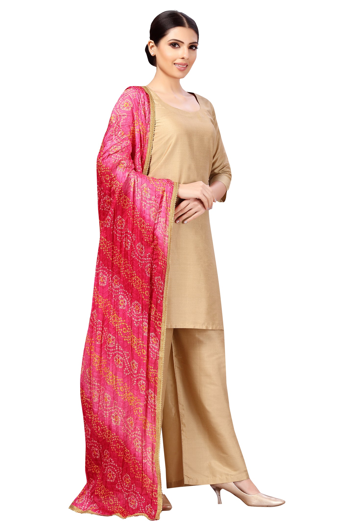 Women's Vegan Silk Multi Coloured Bandhni Dupatta (42" X 2.5 Meters) (2620 - Pink)