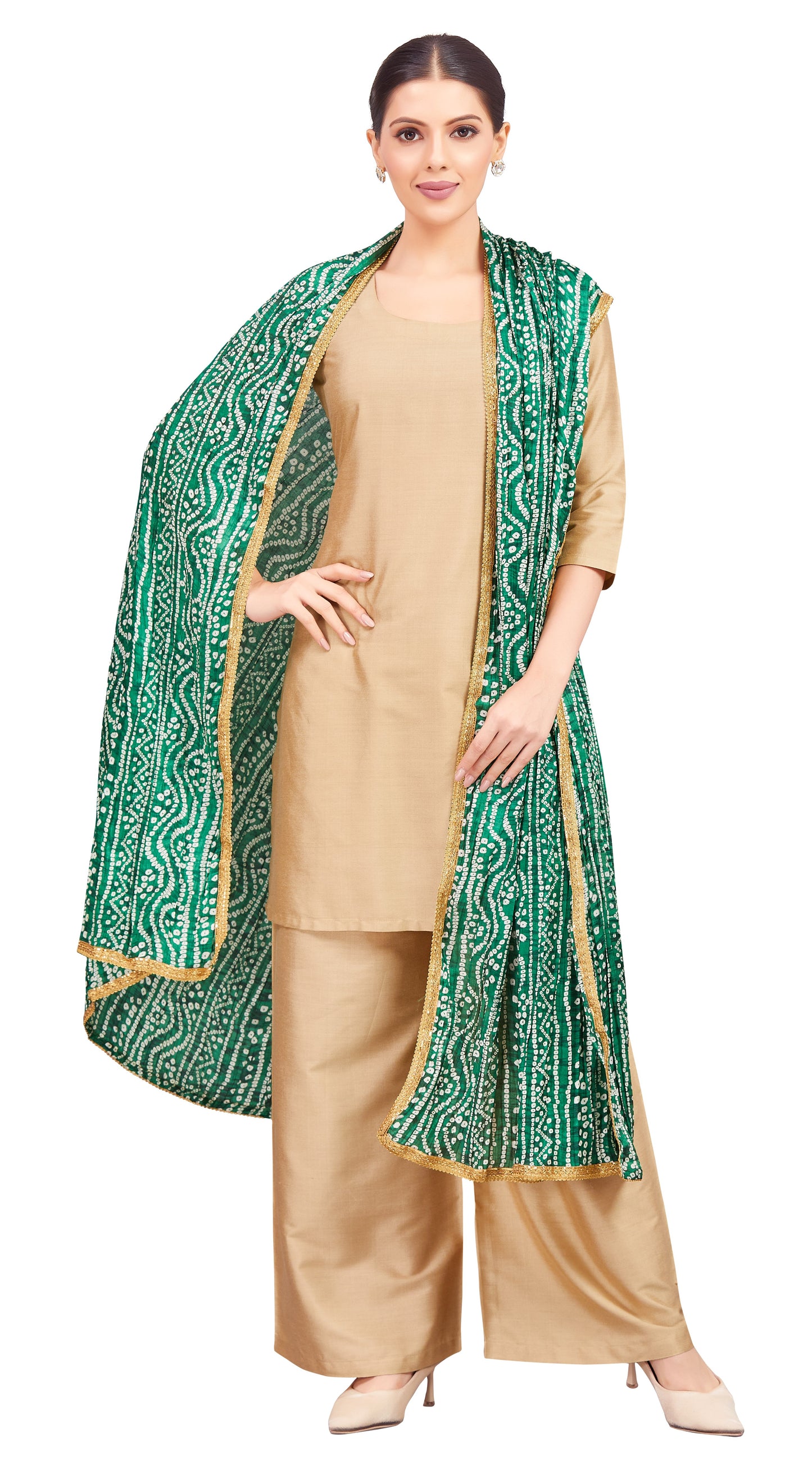 Women's Vegan Silk Crushed Bandhni Dupatta (42" X 2.5 Meters) (2621 - Green)
