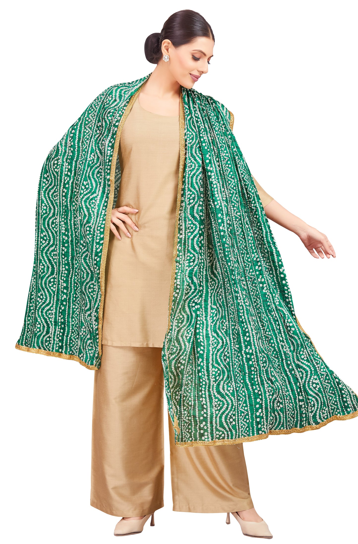 Women's Vegan Silk Crushed Bandhni Dupatta (42" X 2.5 Meters) (2621 - Green)