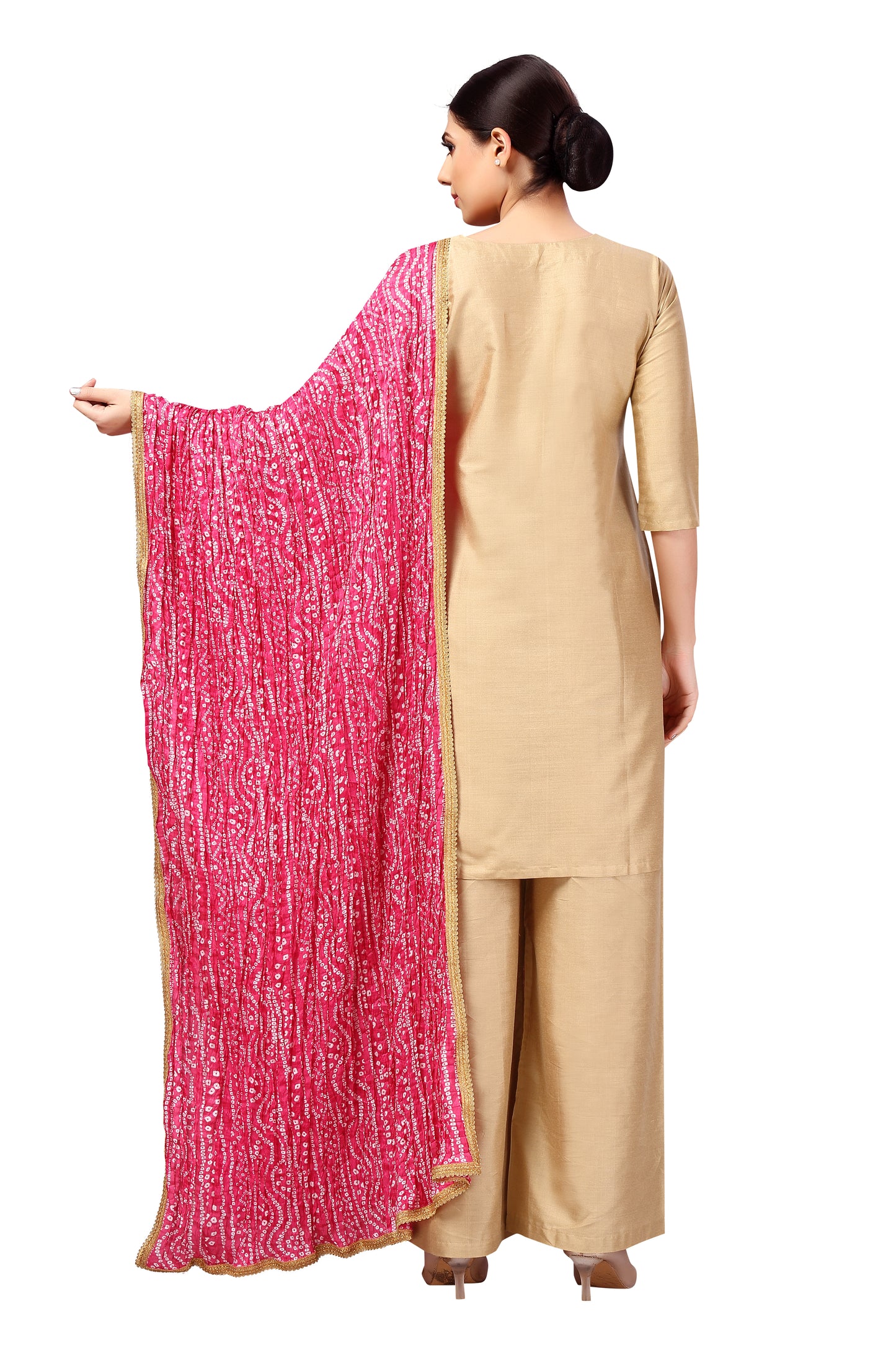 Women's Vegan Silk Crushed Bandhni Dupatta (42" X 2.5 Meters) (2621 - Pink)