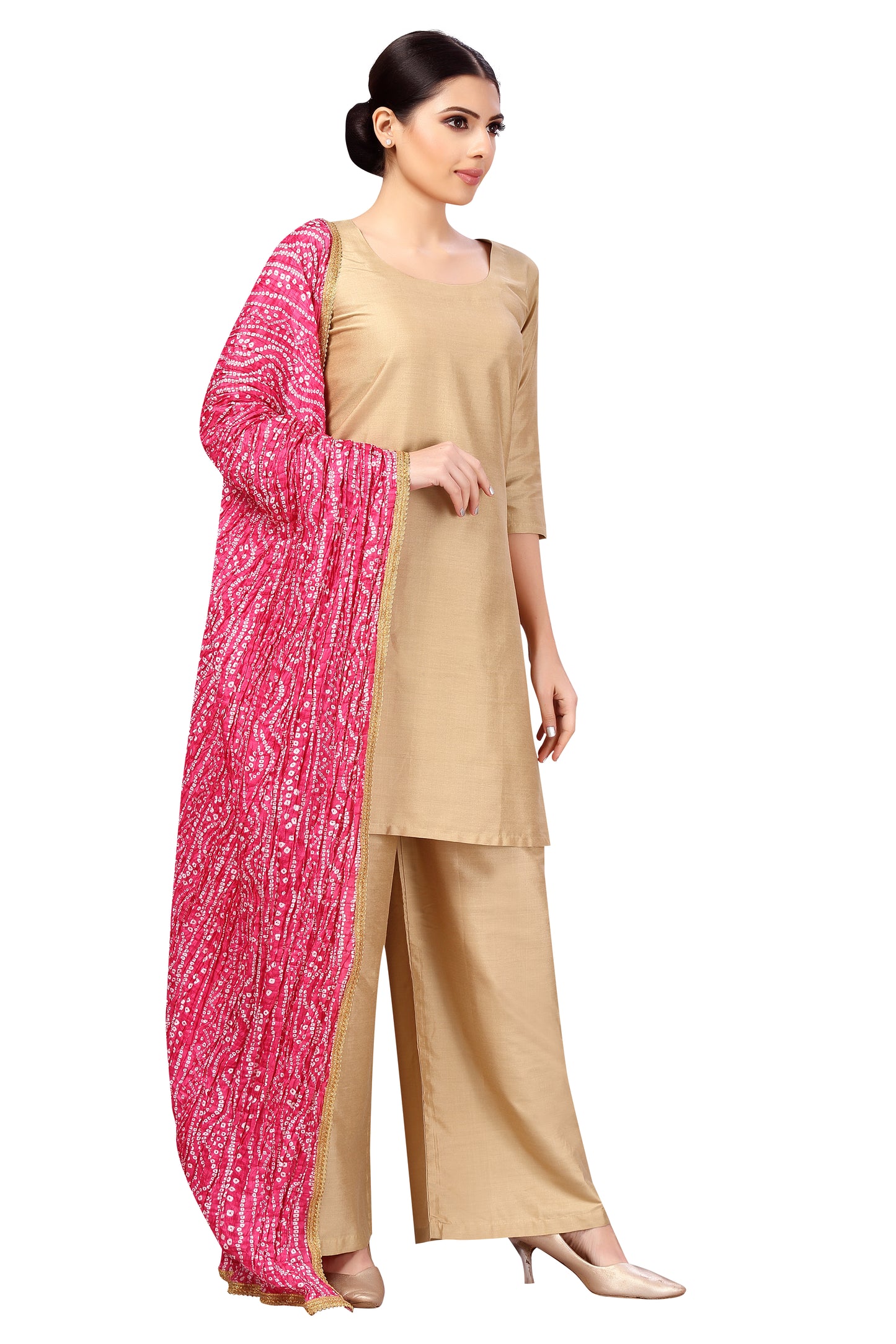 Women's Vegan Silk Crushed Bandhni Dupatta (42" X 2.5 Meters) (2621 - Pink)