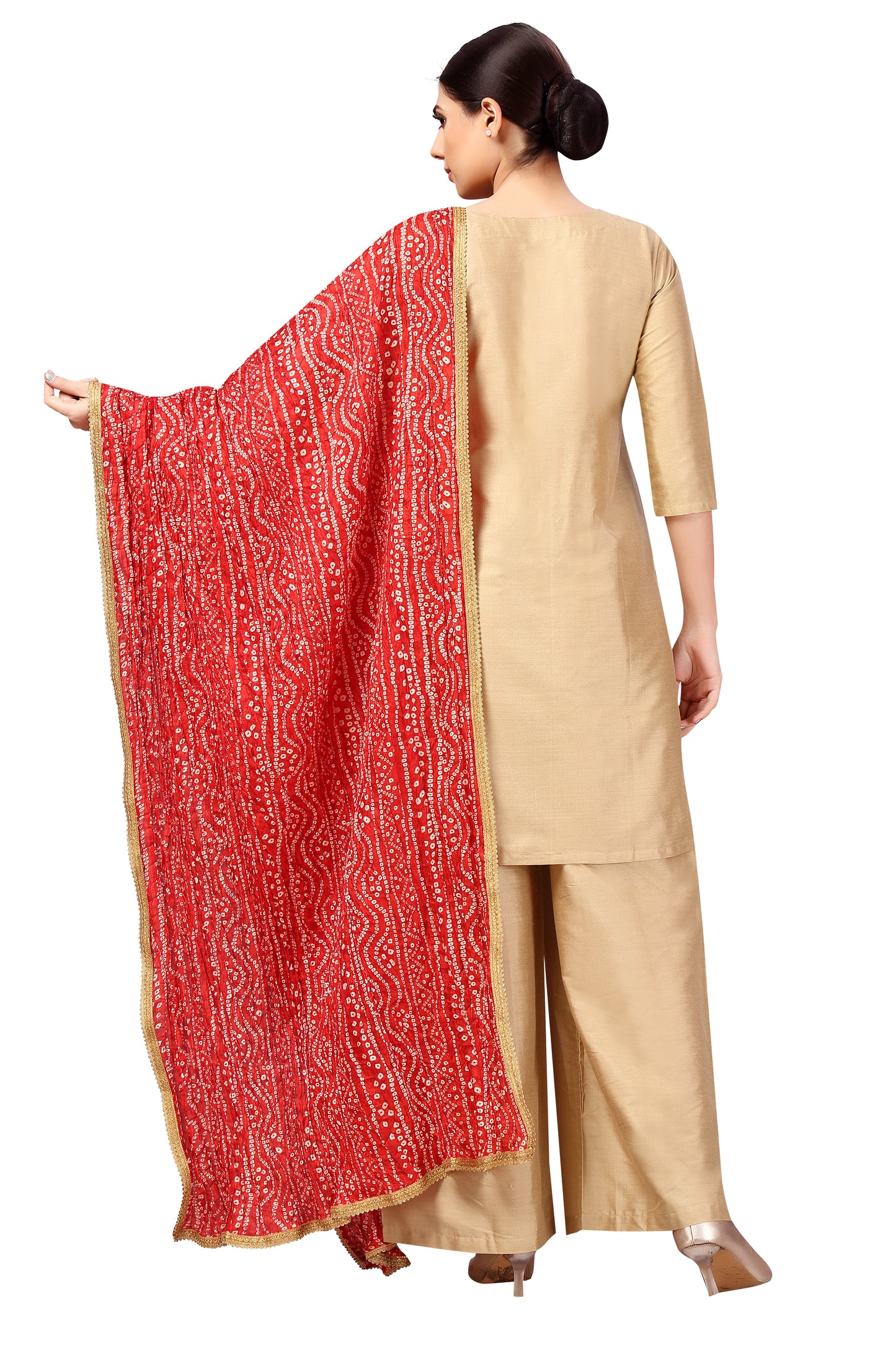 Women's Vegan Silk Crushed Bandhni Dupatta (42" X 2.5 Meters) (2621 - Red)