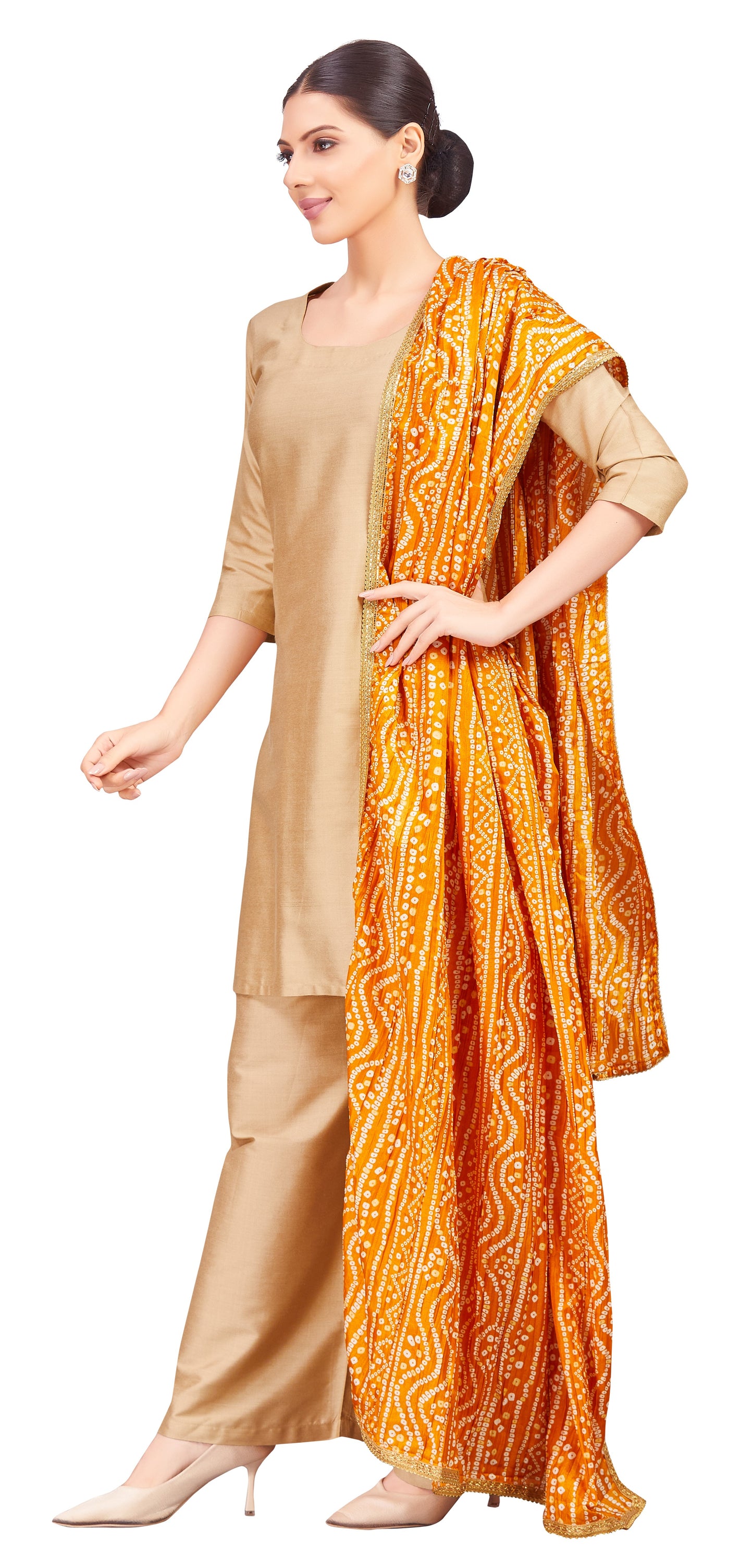 Women's Vegan Silk Crushed Bandhni Dupatta (42" X 2.5 Meters) (2621 - Yellow)