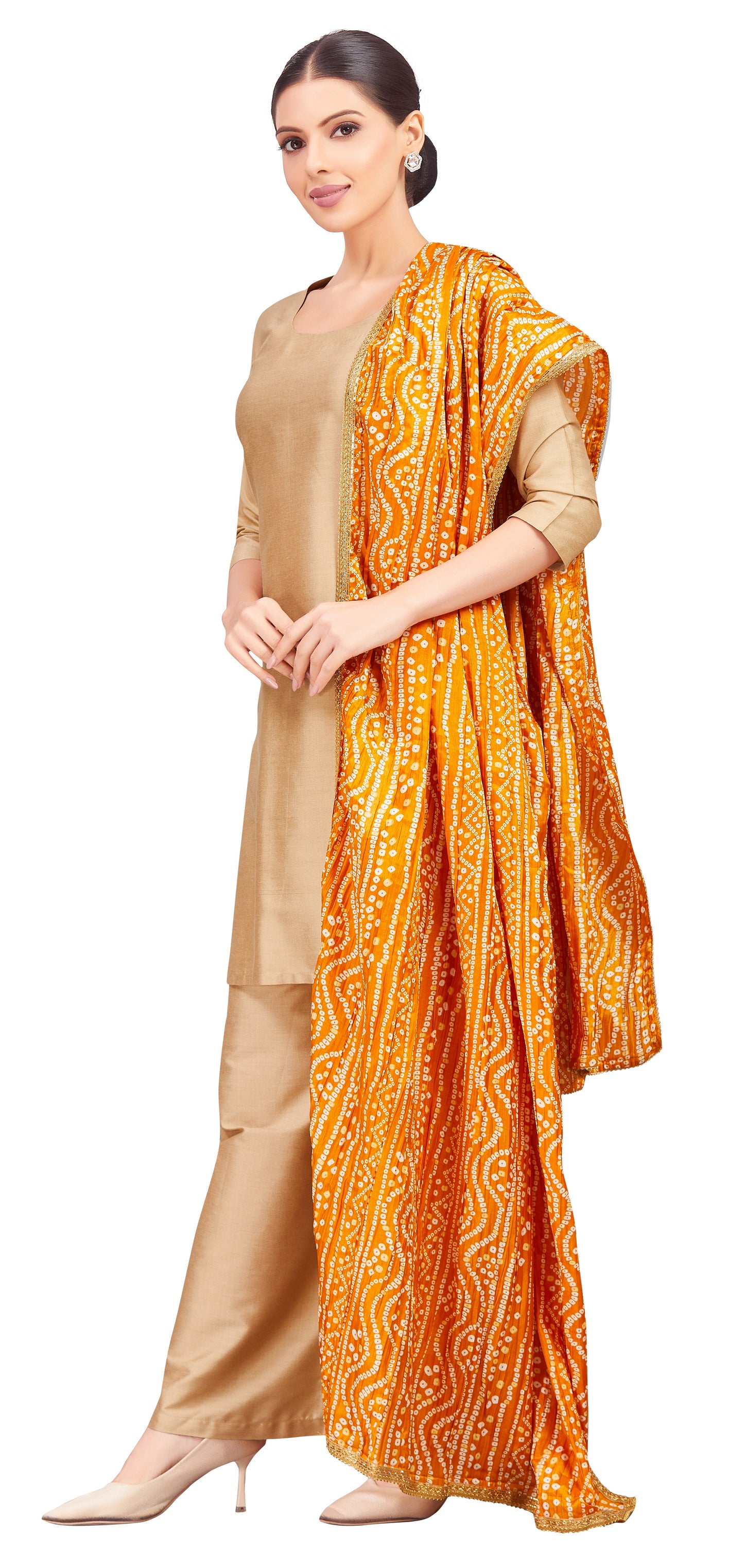 Women's Vegan Silk Crushed Bandhni Dupatta (42" X 2.5 Meters) (2621 - Yellow)