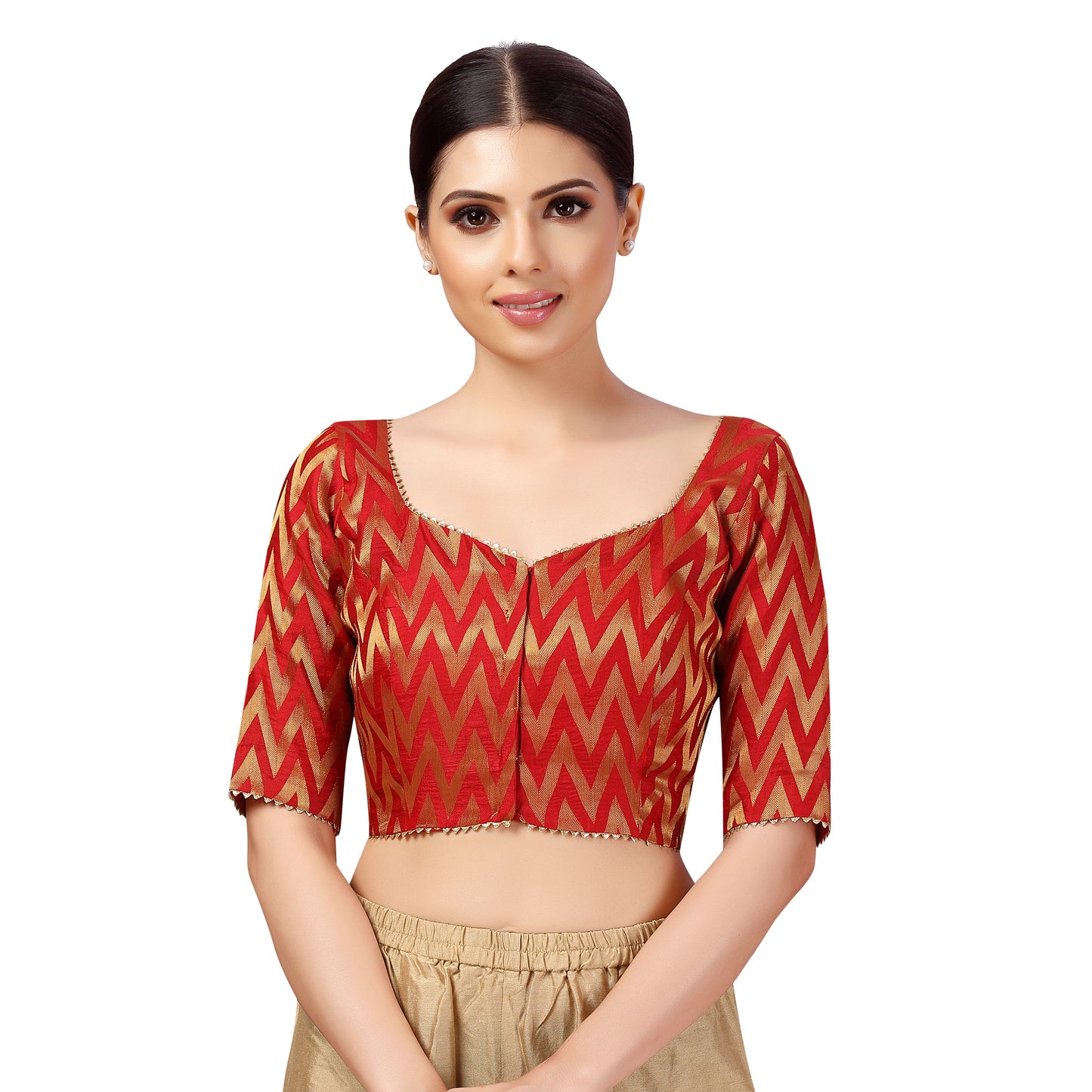 Women's Readymade Wave Design Banaras Brocade Saree Blouse With Elbow Length Sleeves (2628)