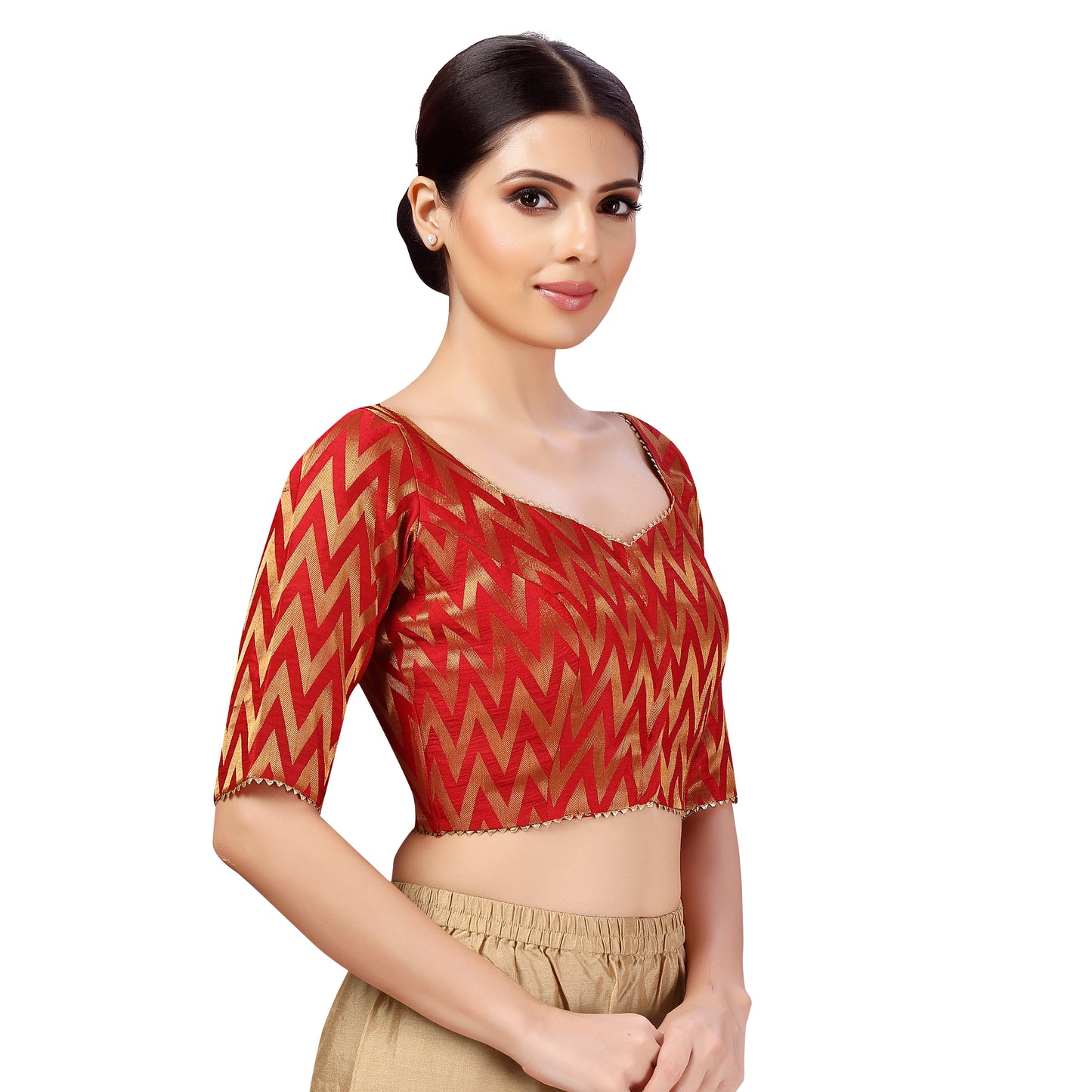 Women's Readymade Wave Design Banaras Brocade Saree Blouse With Elbow Length Sleeves (2628)